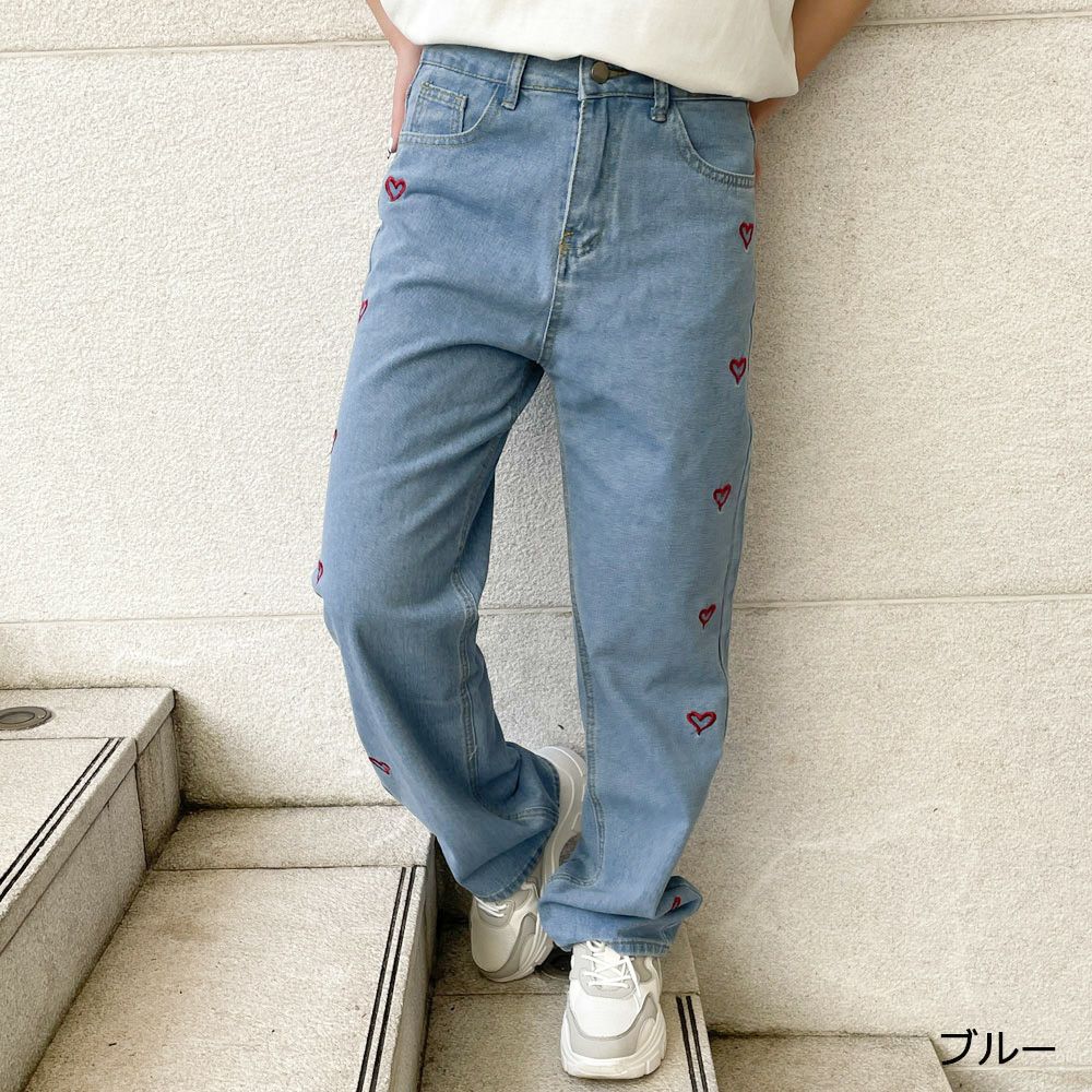 ハート刺しゅう×ストレート》レディース デニムパンツ ゆるシルエット