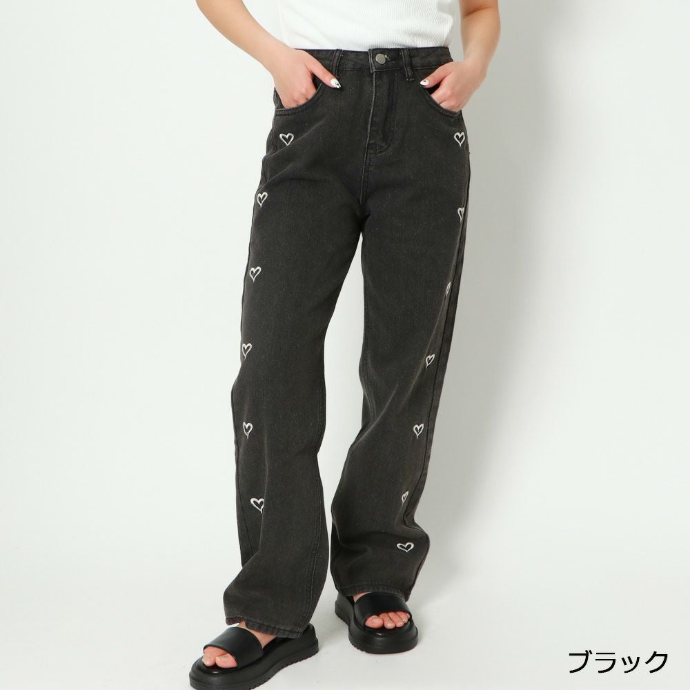 ハート刺しゅう×ストレート》レディース デニムパンツ ゆるシルエット
