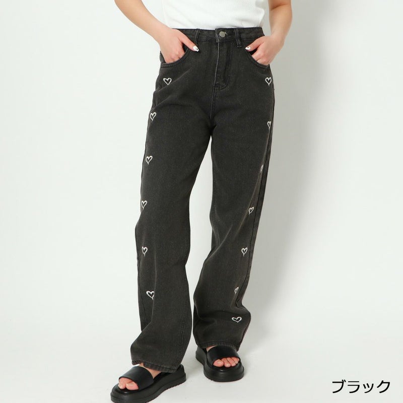 ハート刺しゅう×ストレート》レディース デニムパンツ ゆるシルエット