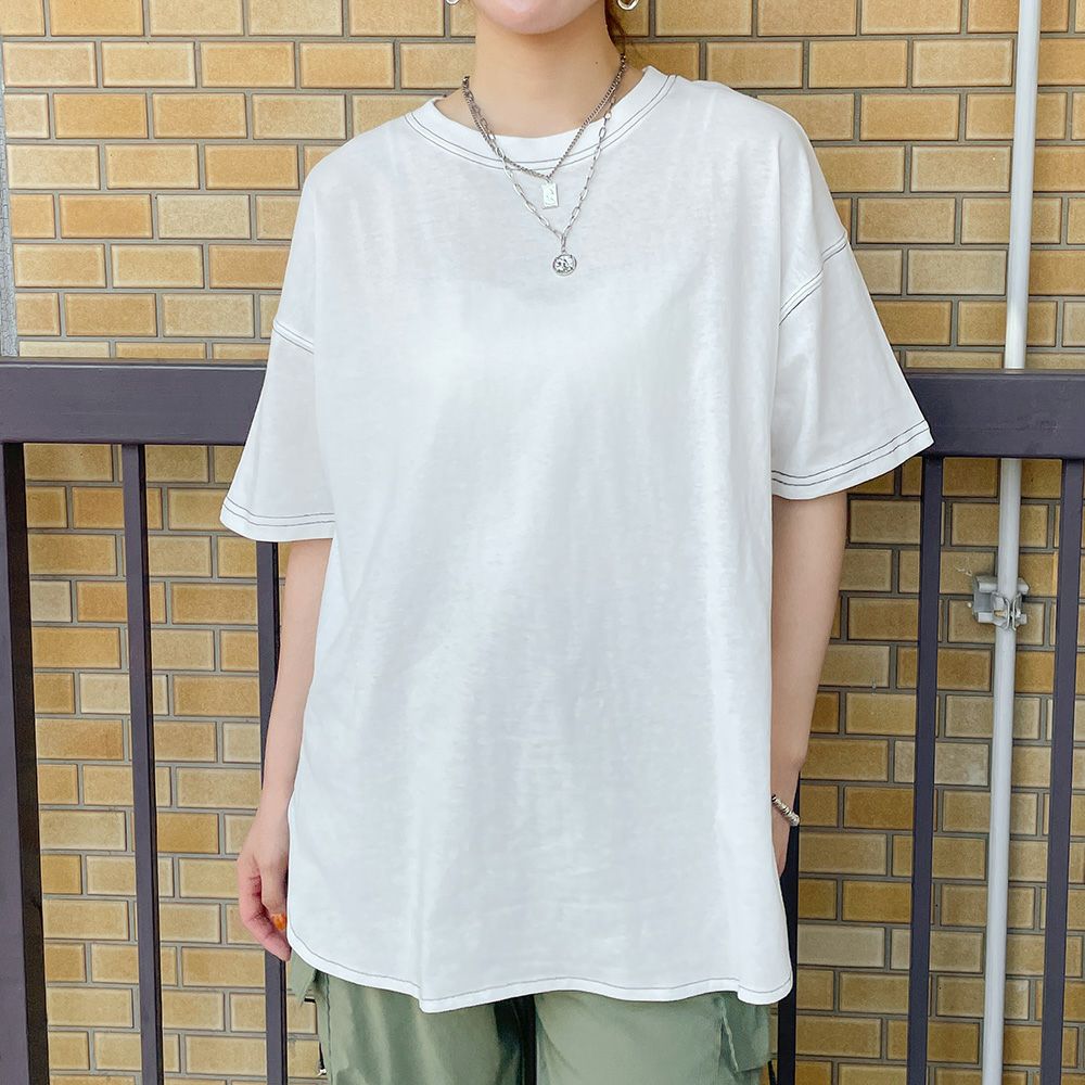 配色ステッチ×ラウンドヘム》レディース コットン 半袖Tシャツ