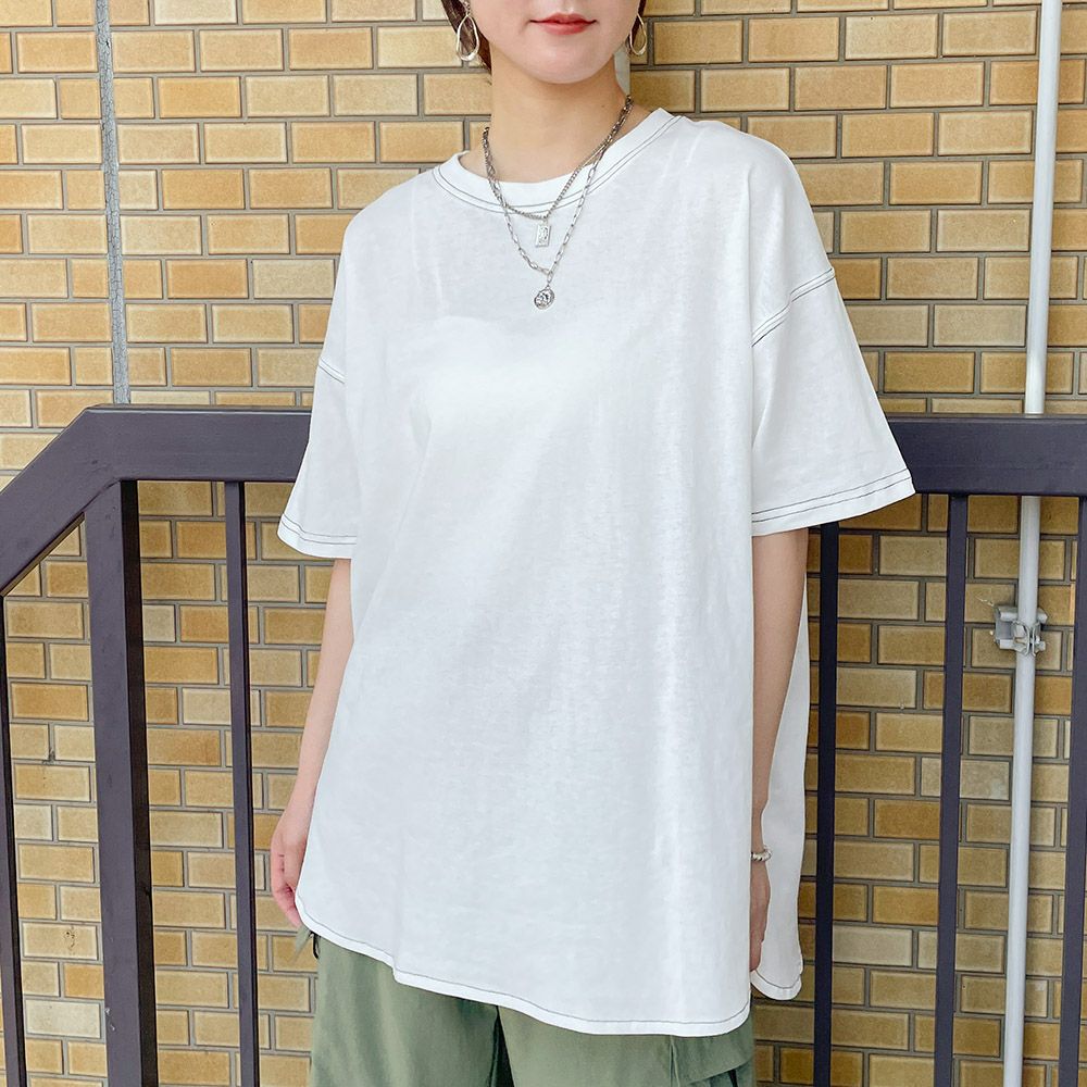 配色ステッチ×ラウンドヘム》レディース コットン 半袖Tシャツ