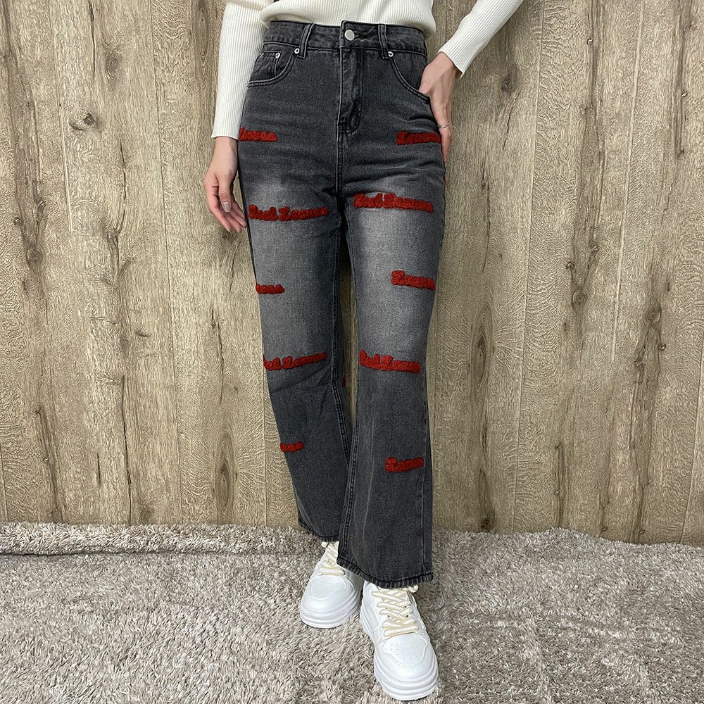 ロゴサガラ刺繍×ストレート》レディース デニムパンツ ワイド ハイ