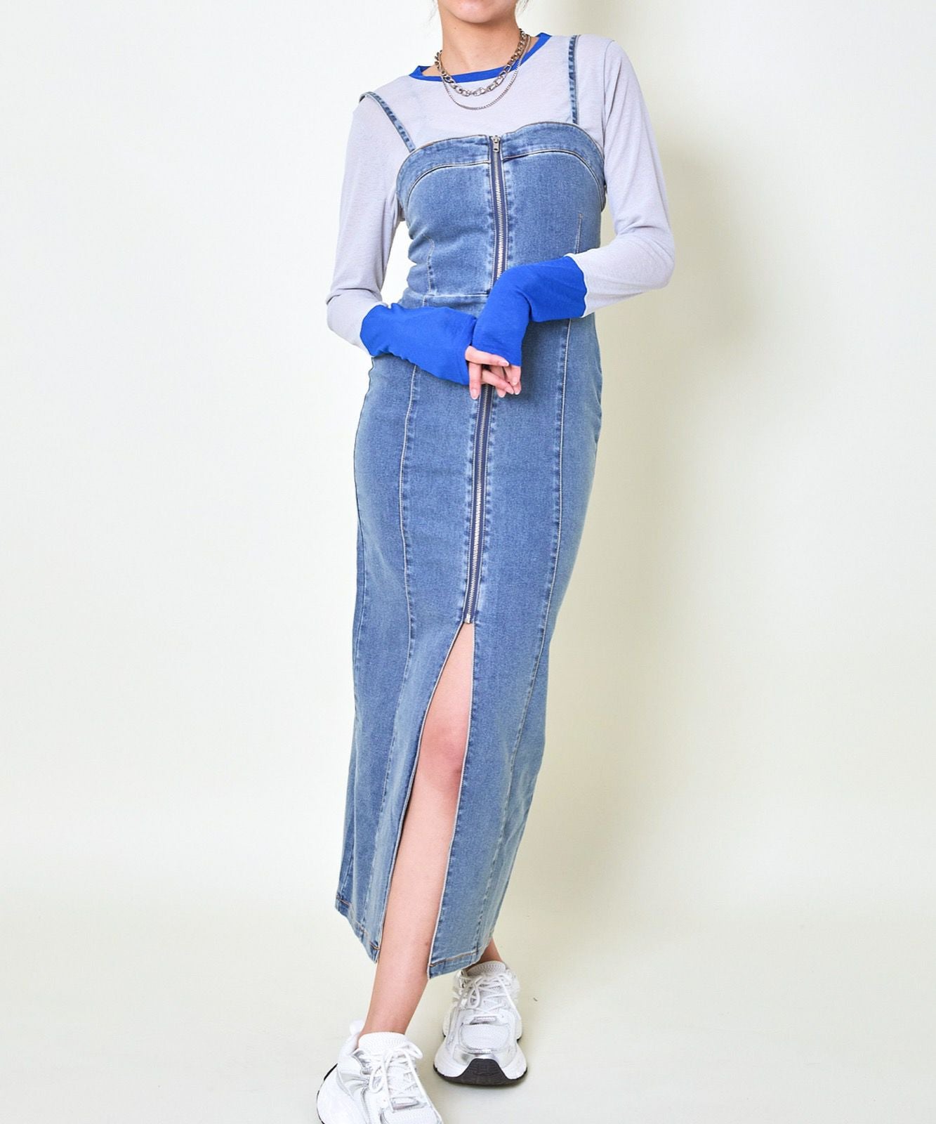 スリット×タイトライン》レディース デニムロングワンピース ジップ