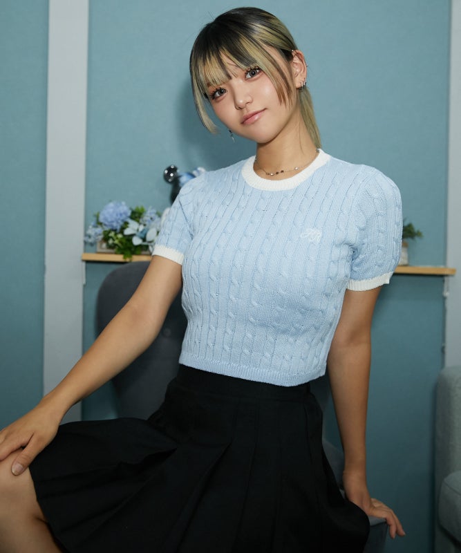 配色ケーブル編み×ロゴ刺繍》レディース 半袖ニットプルオーバー 春夏