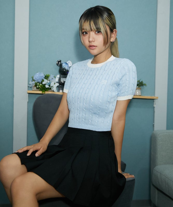 配色ケーブル編み×ロゴ刺繍》レディース 半袖ニットプルオーバー 春夏