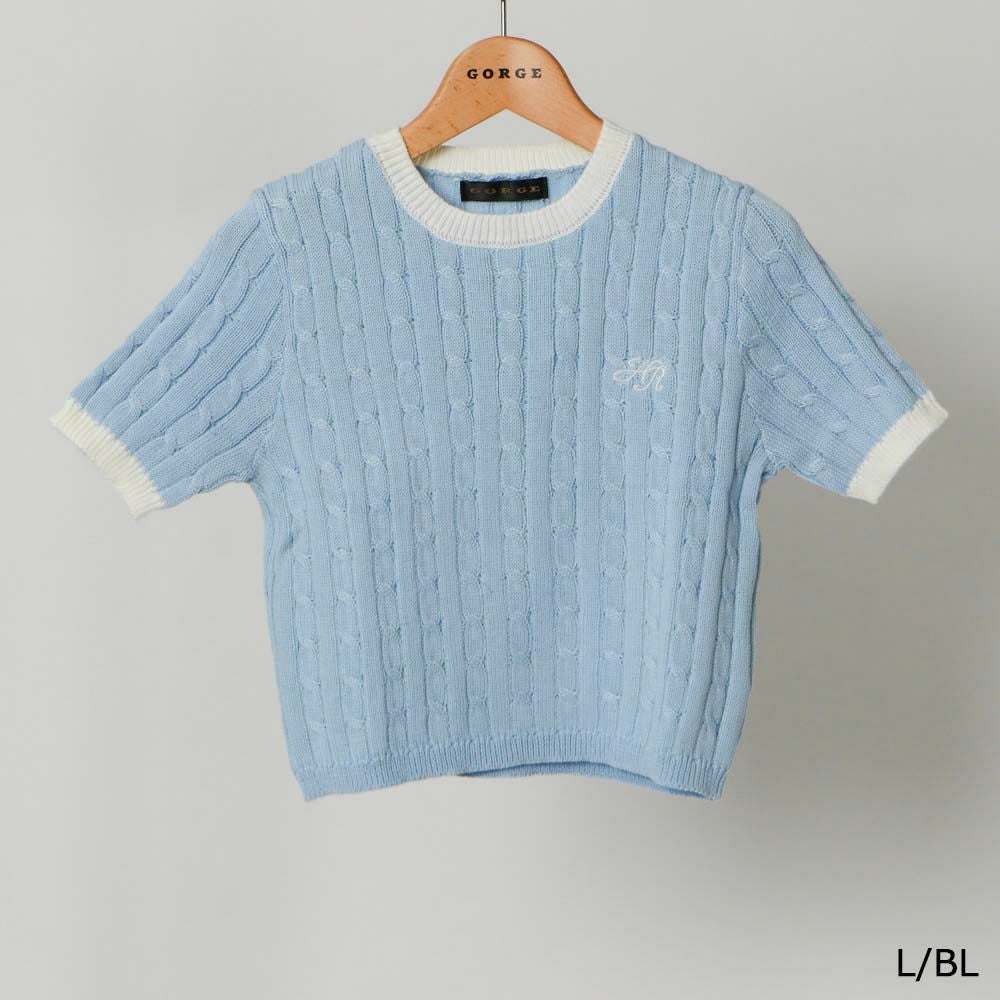 配色ケーブル編み×ロゴ刺繍》レディース 半袖ニットプルオーバー 春夏