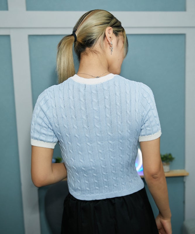 配色ケーブル編み×ロゴ刺繍》レディース 半袖ニットプルオーバー 春夏