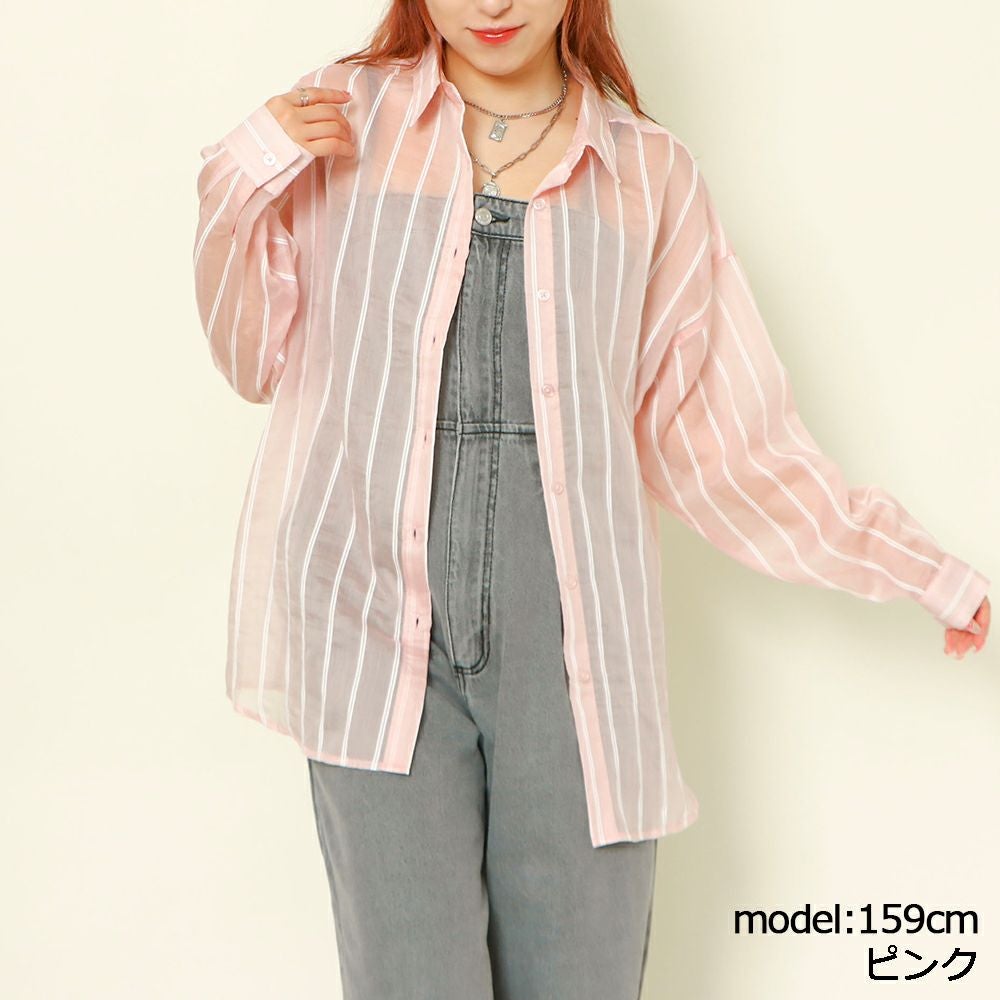 ヴィンテージ レトロ古着 コットンブレンドストライプ花柄シャツ シアー 白ピンク 柄シャツ レディース 長袖 L ピンク 未使用 古着 総柄 花柄