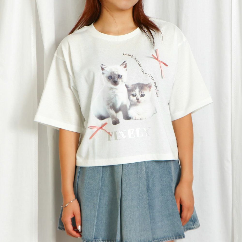 立体リボン×猫プリント》レディース 半袖Tシャツ クロップド丈 映え