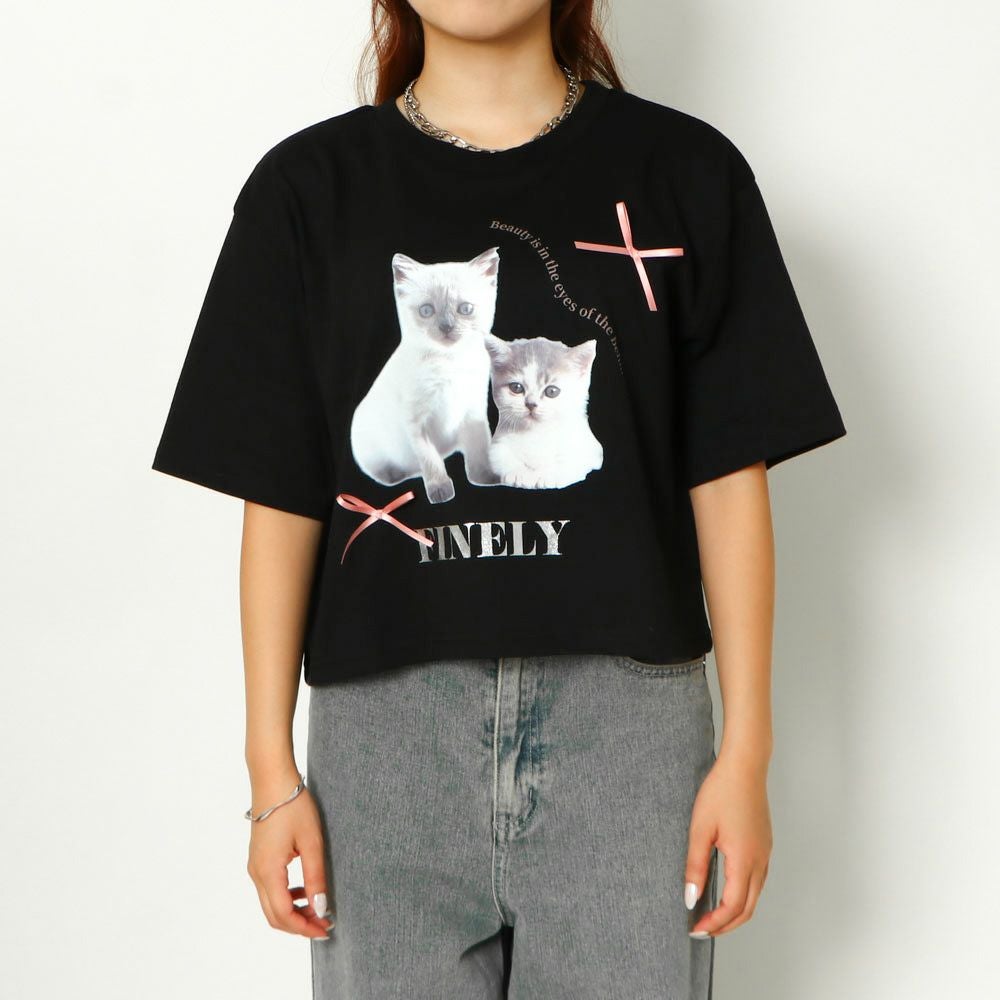 立体リボン×猫プリント》レディース 半袖Tシャツ クロップド丈 映え