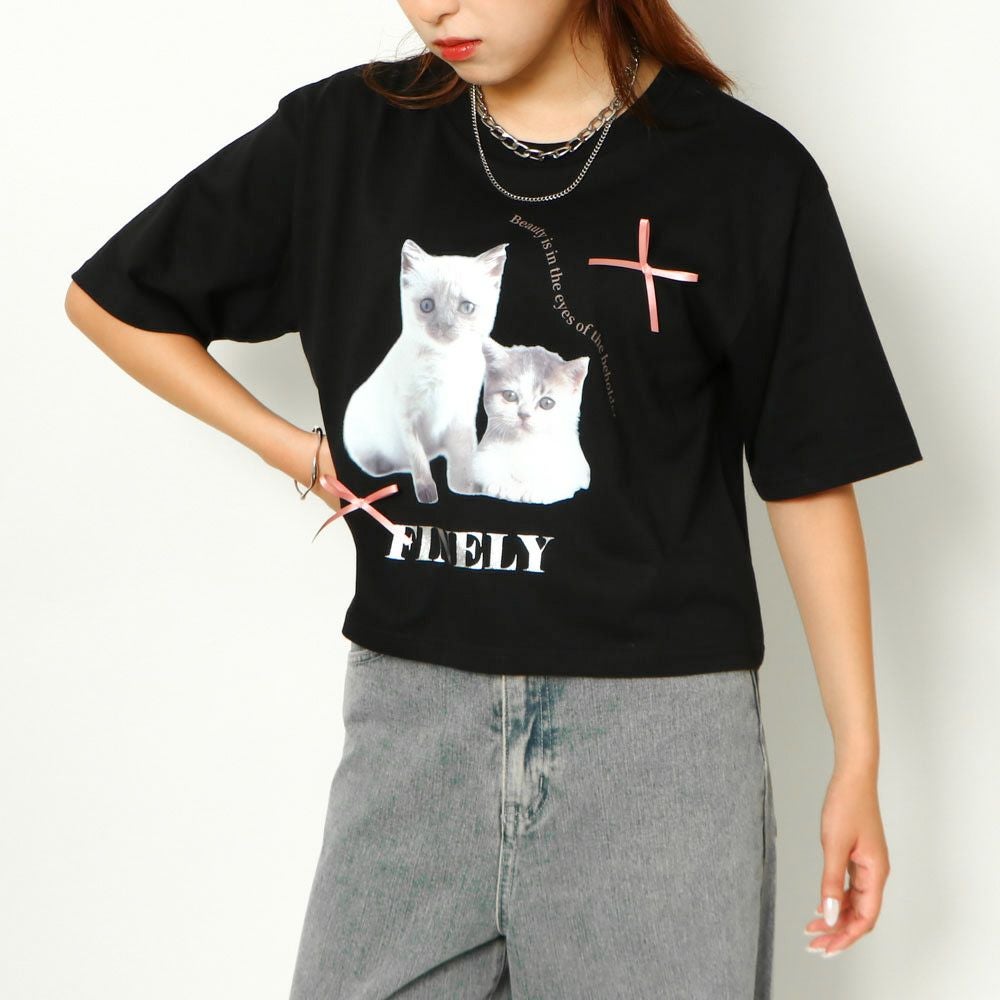 立体リボン×猫プリント》レディース 半袖Tシャツ クロップド丈 映え