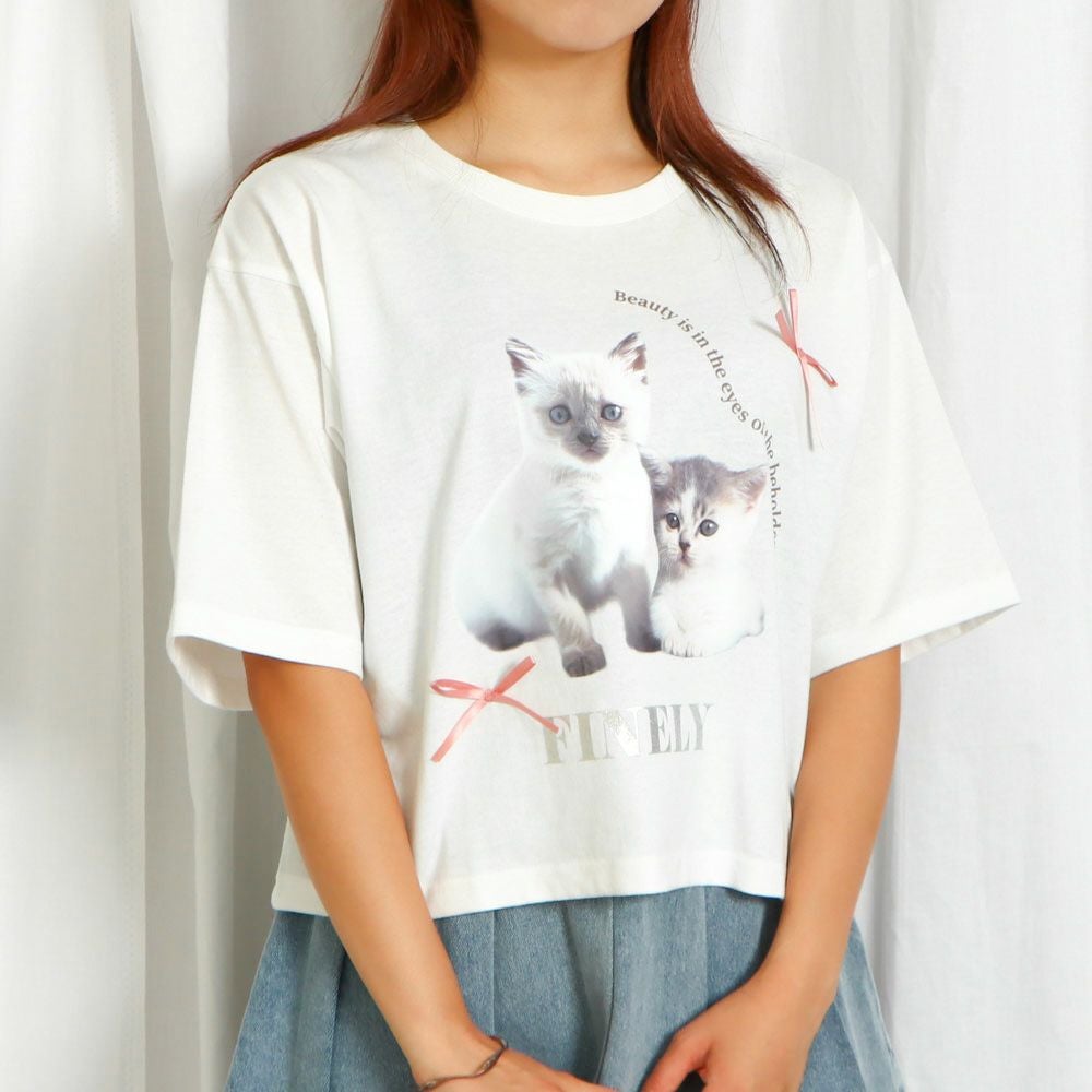 立体リボン×猫プリント》レディース 半袖Tシャツ クロップド丈 映え