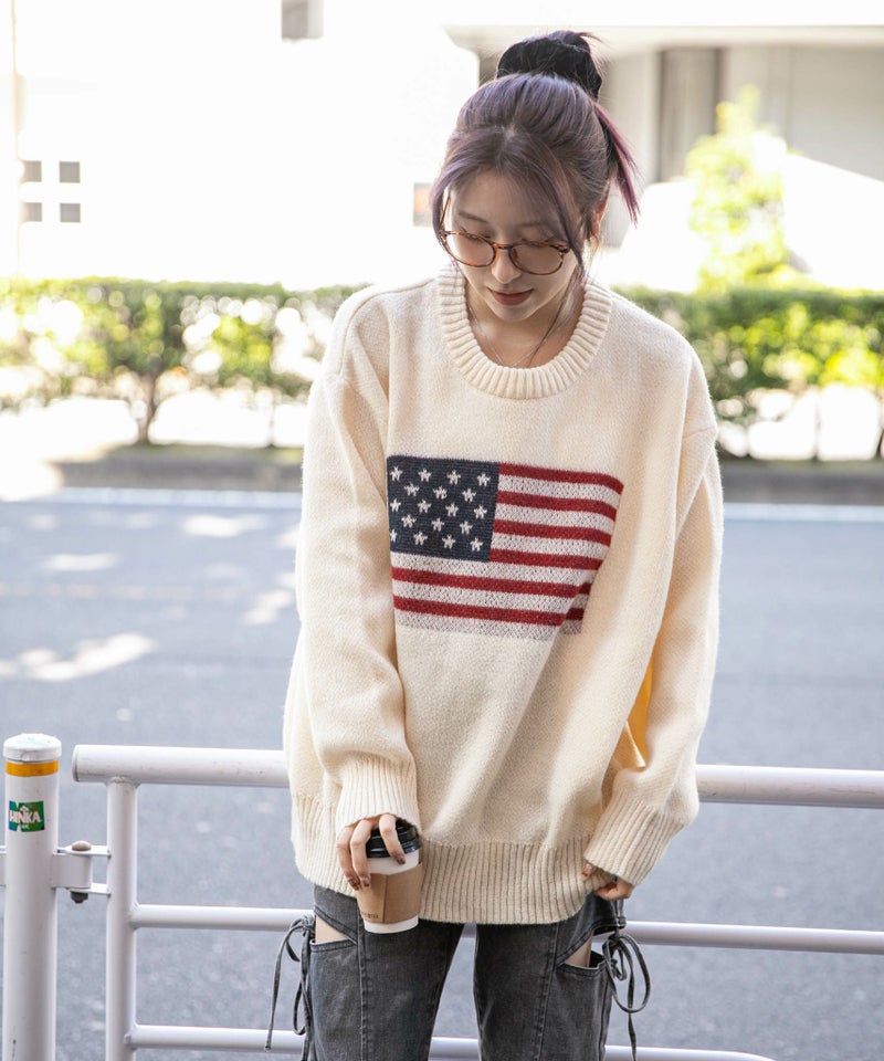 Lacozy レディース オーバーサイズ USA スウェットシャツ クルーネック 