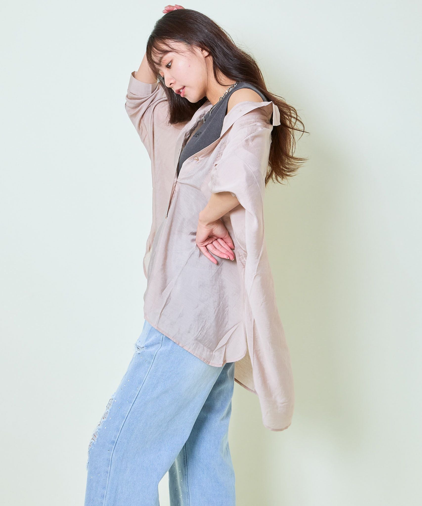 美品■M・fil■オーガンジー シアーロングシャツ■パープル■■定価3.2万 シアー×ドルマン袖》レディース オーバーサイズシャツ ロング丈 透け感