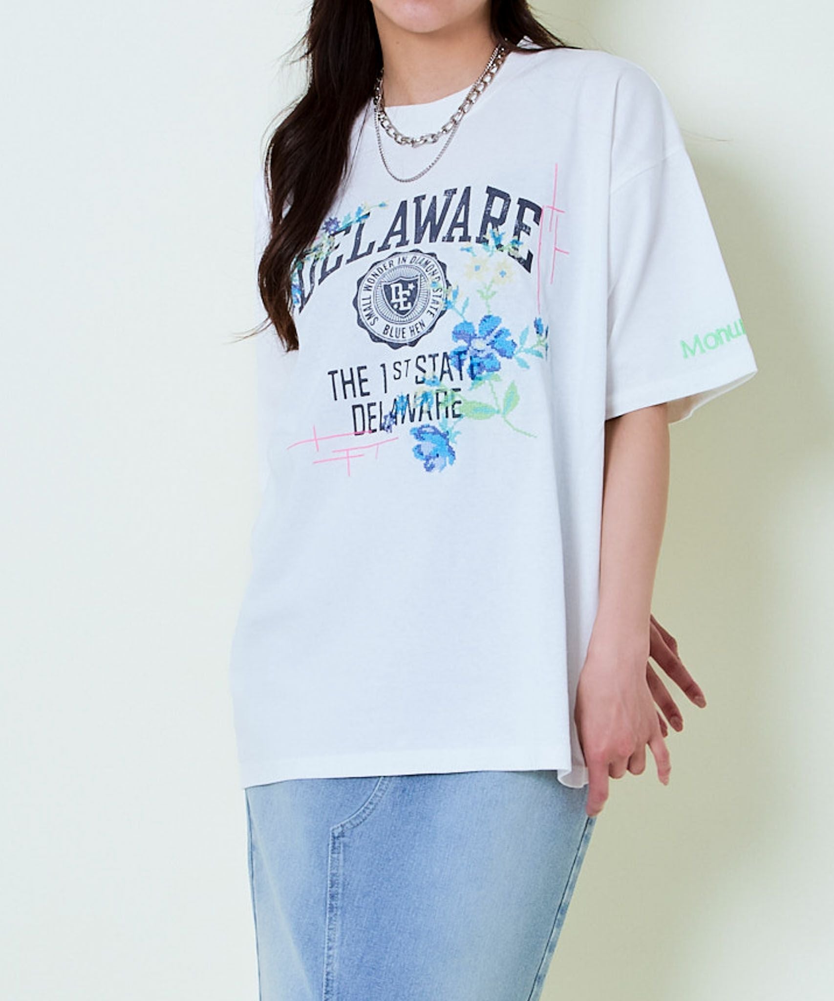 刺繍風ロゴ×花柄プリント》レディース ビッグシルエットTシャツ クロス