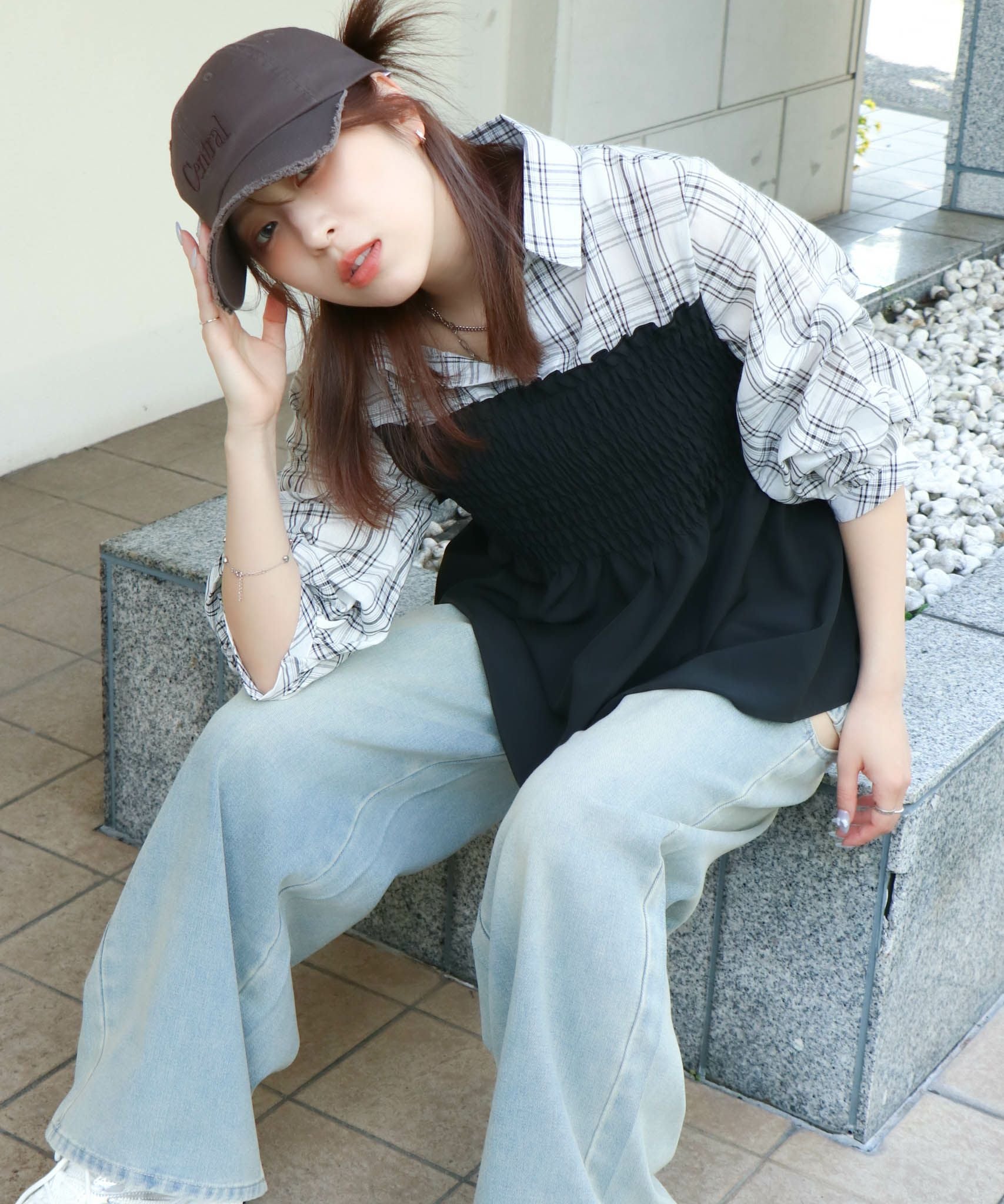 専用です    ファー ドッキング シャツ ブラウス シャーリング×フェイクレイヤード》レディース ドッキングシャツ