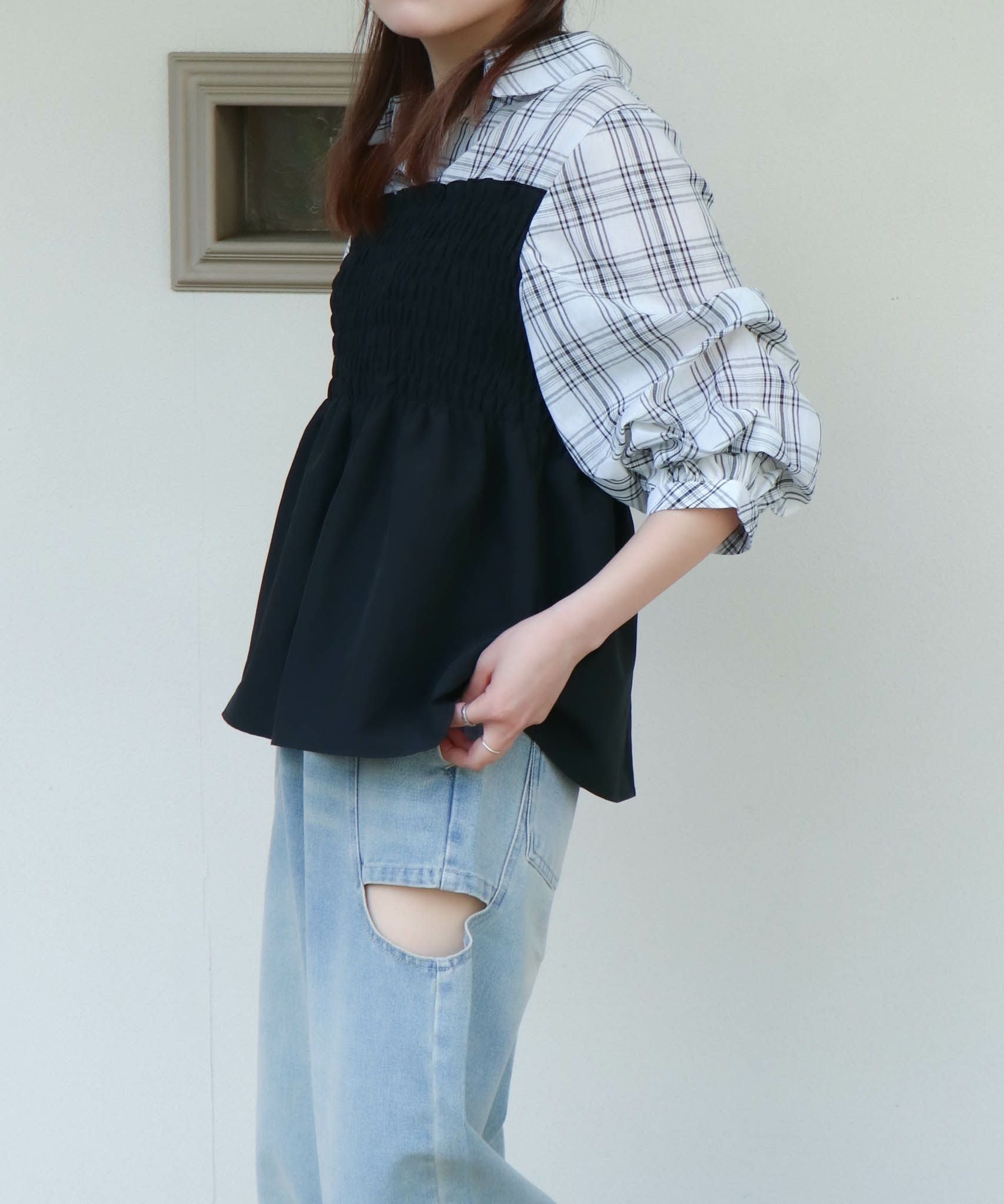 シャーリング×フェイクレイヤード》レディース ドッキングシャツ