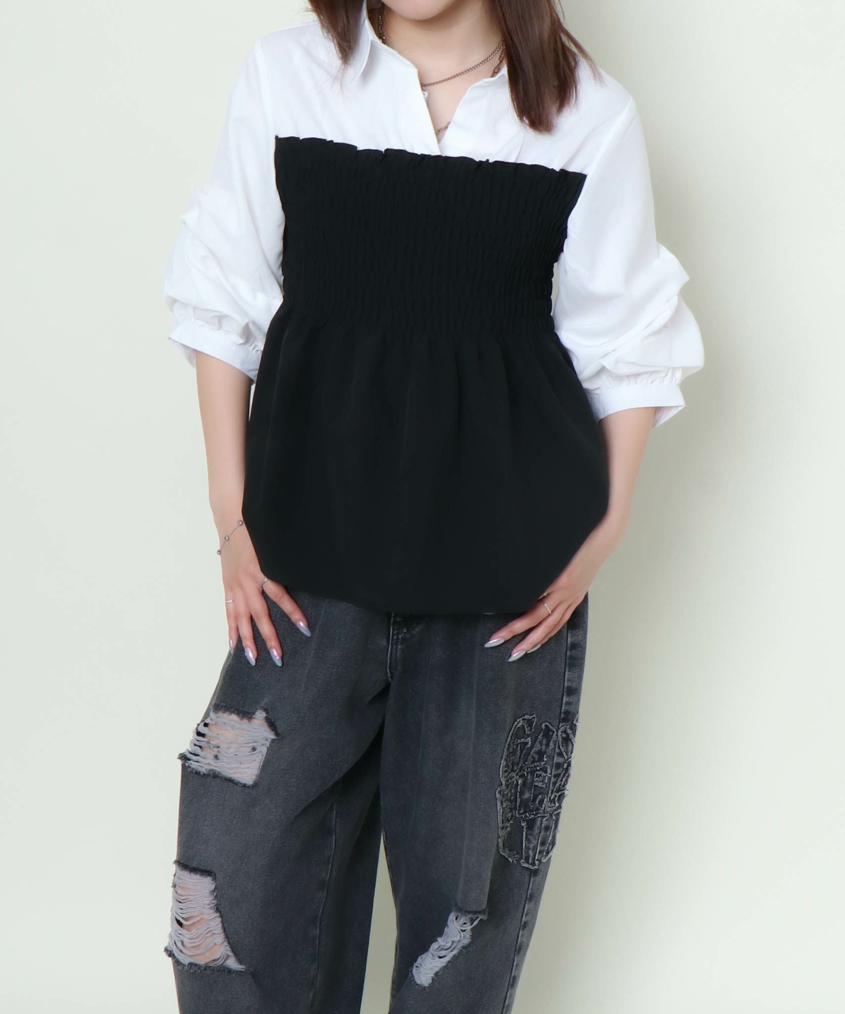 レイヤード風ドッキングトップス&ワイドパンツ(GIRL) ダークブラウン シャーリング×フェイクレイヤード》レディース ドッキングシャツ
