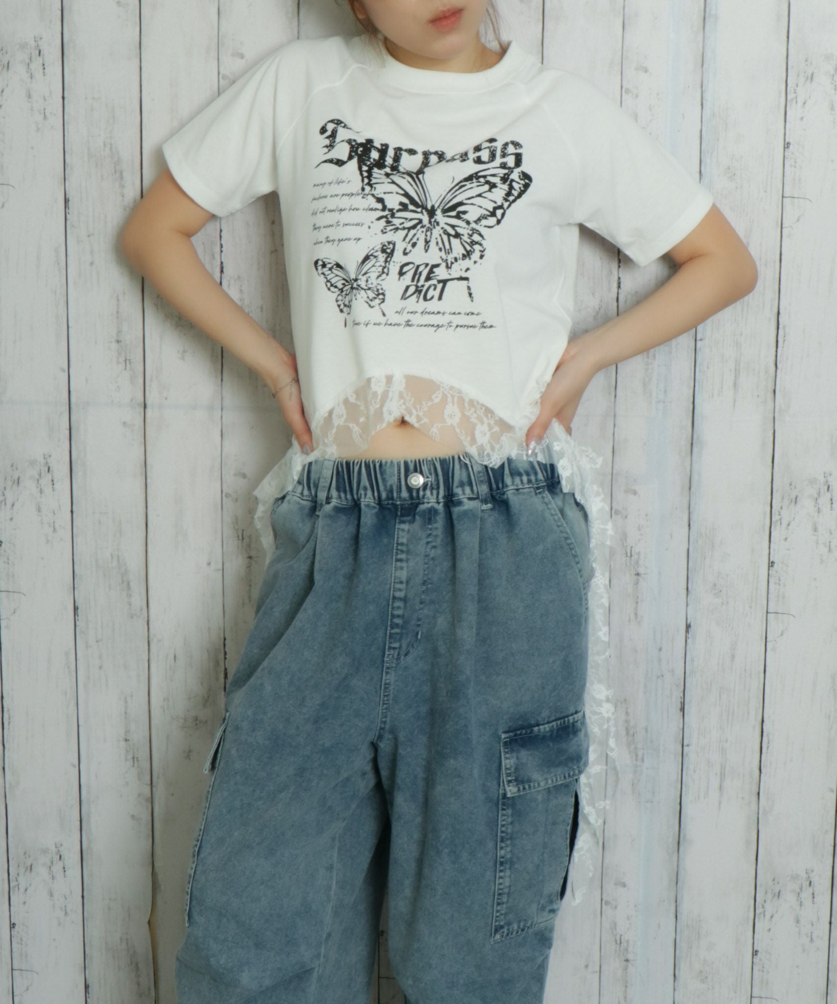 バタフライ×ロングレース裾》レディース 半袖Tシャツ Y2K 甘辛MIX 春夏