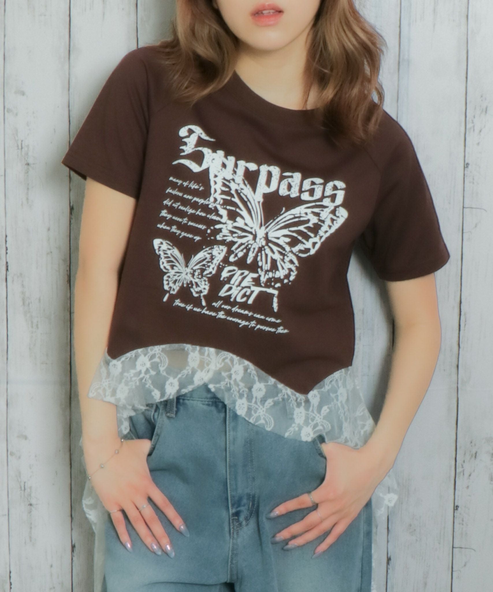 バタフライ×ロングレース裾》レディース 半袖Tシャツ Y2K 甘辛MIX 春夏