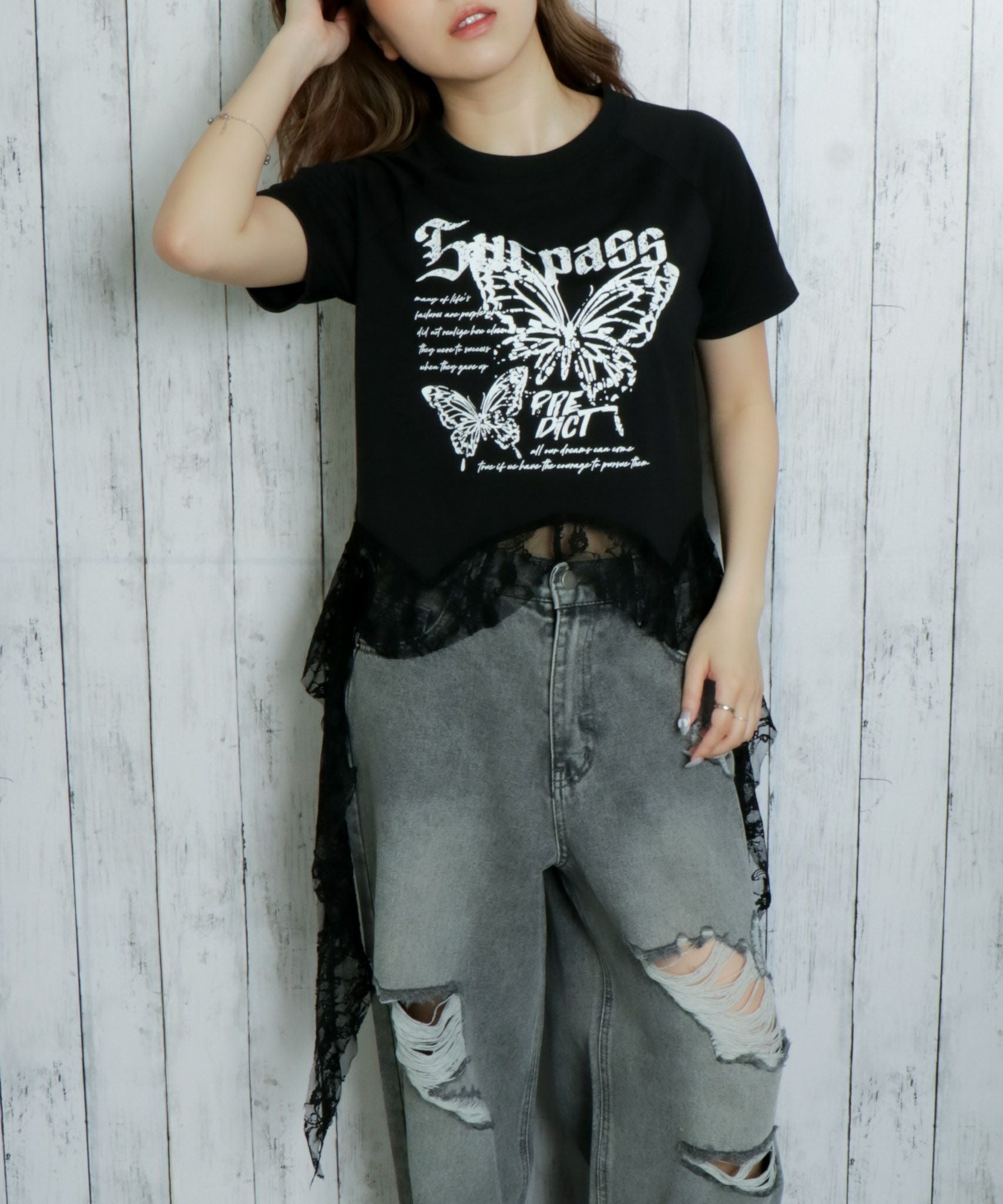 バタフライ×ロングレース裾》レディース 半袖Tシャツ Y2K 甘辛MIX 春夏