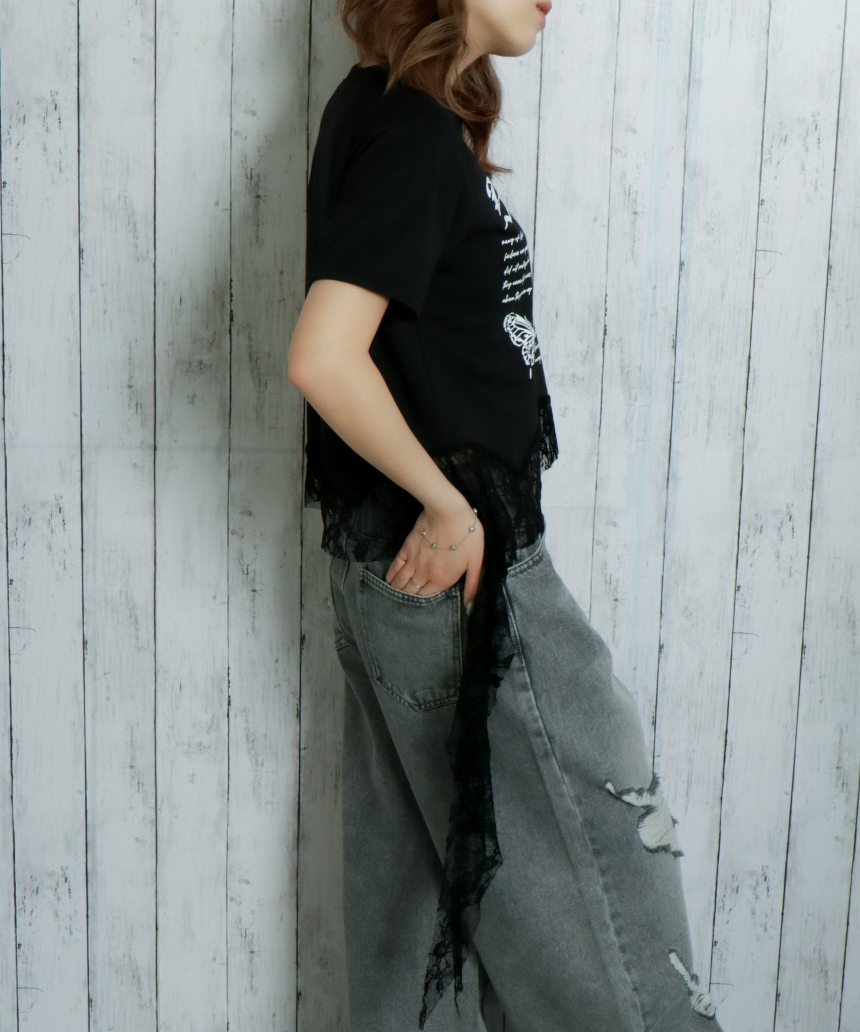 バタフライ×ロングレース裾》レディース 半袖Tシャツ Y2K 甘辛MIX 春夏