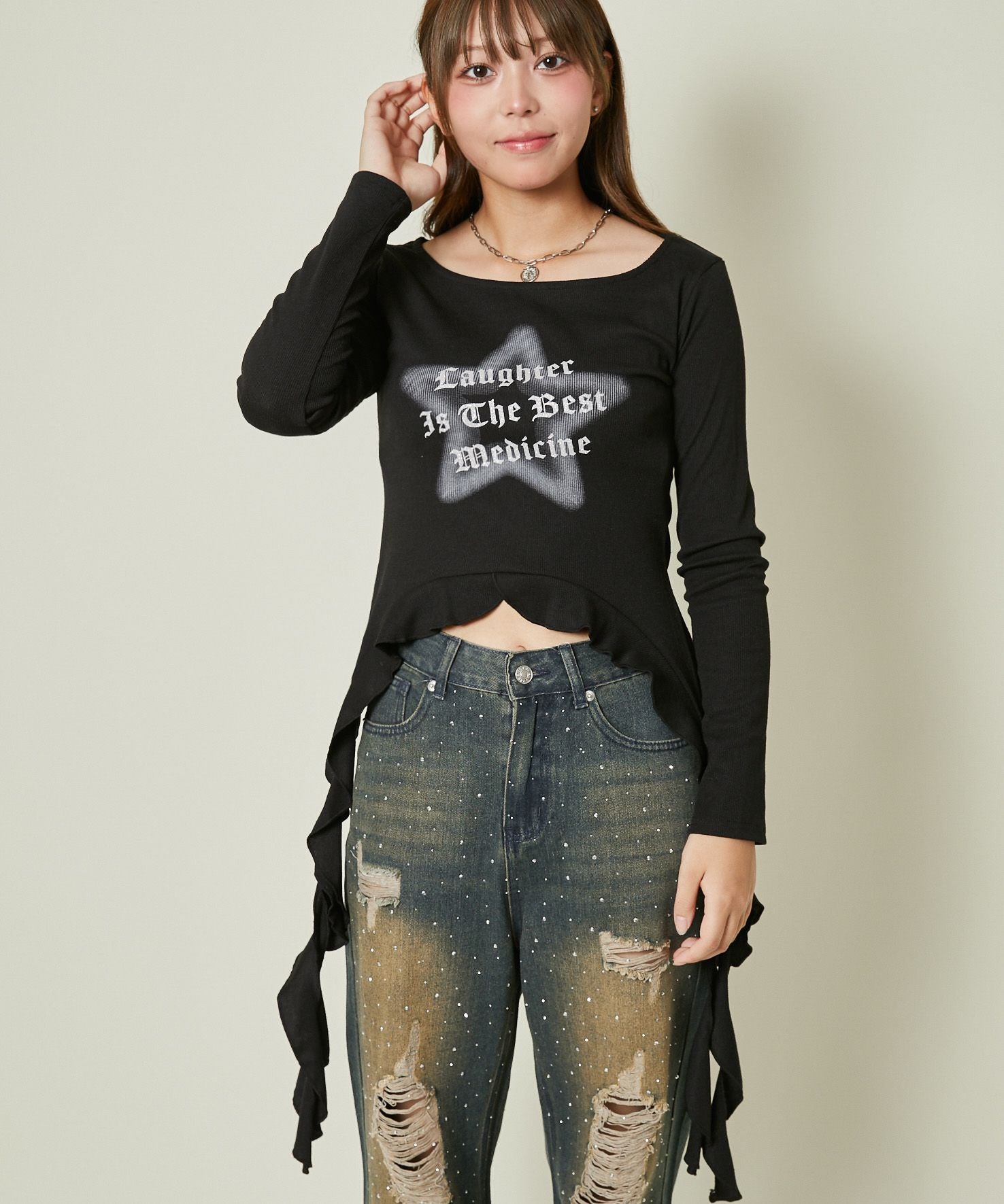 トップス hydrogen star long t-shirts skul y2k gal Y2K映え】クルクル裾の星トップス | GORGE