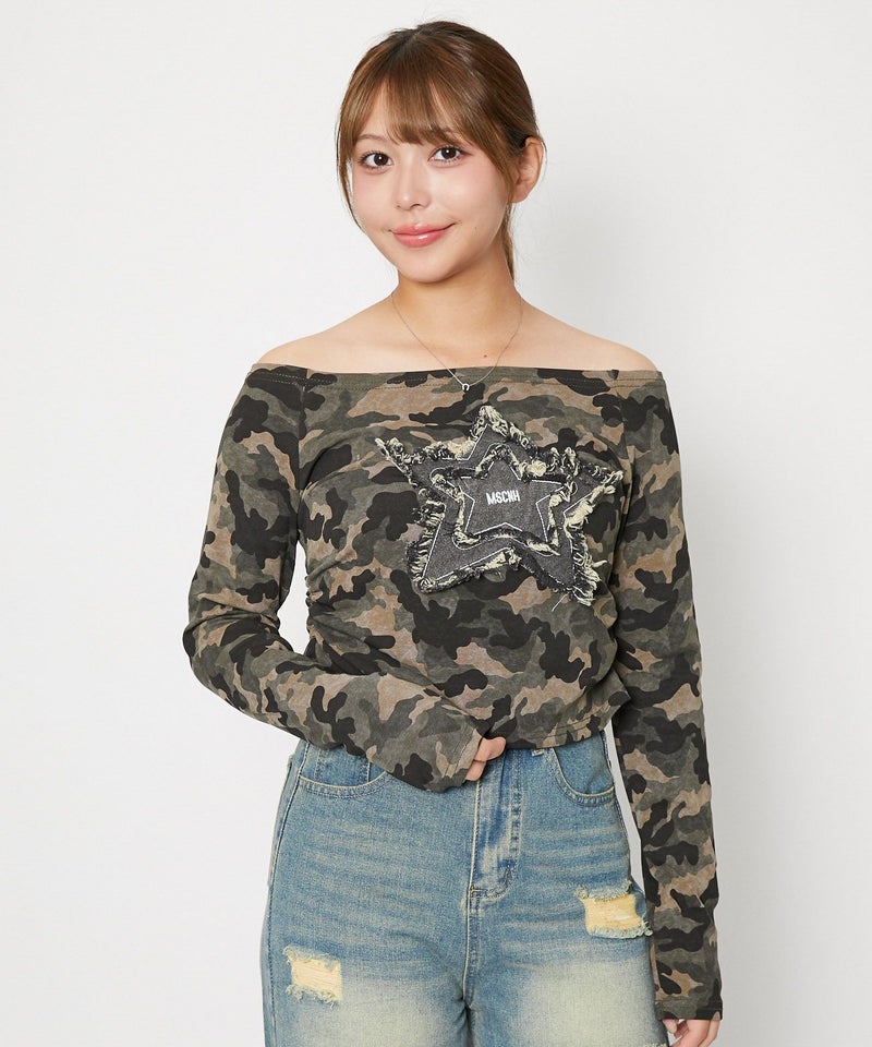 星パッチ×ムラ染め風》レディース カットソー 長袖トップス 個性派 