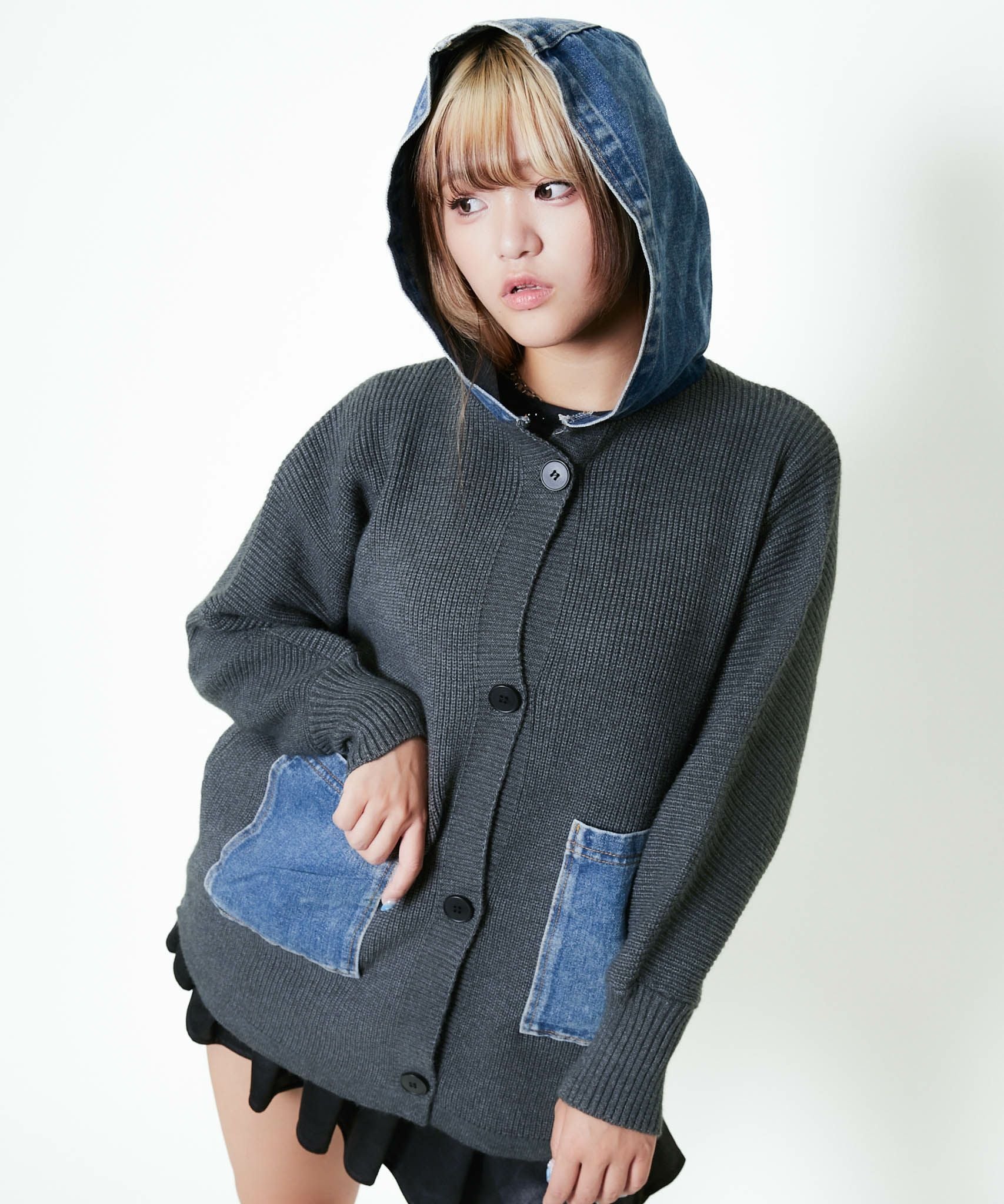 デニム切替×フード付き》レディース ニットパーカー風カーディガン