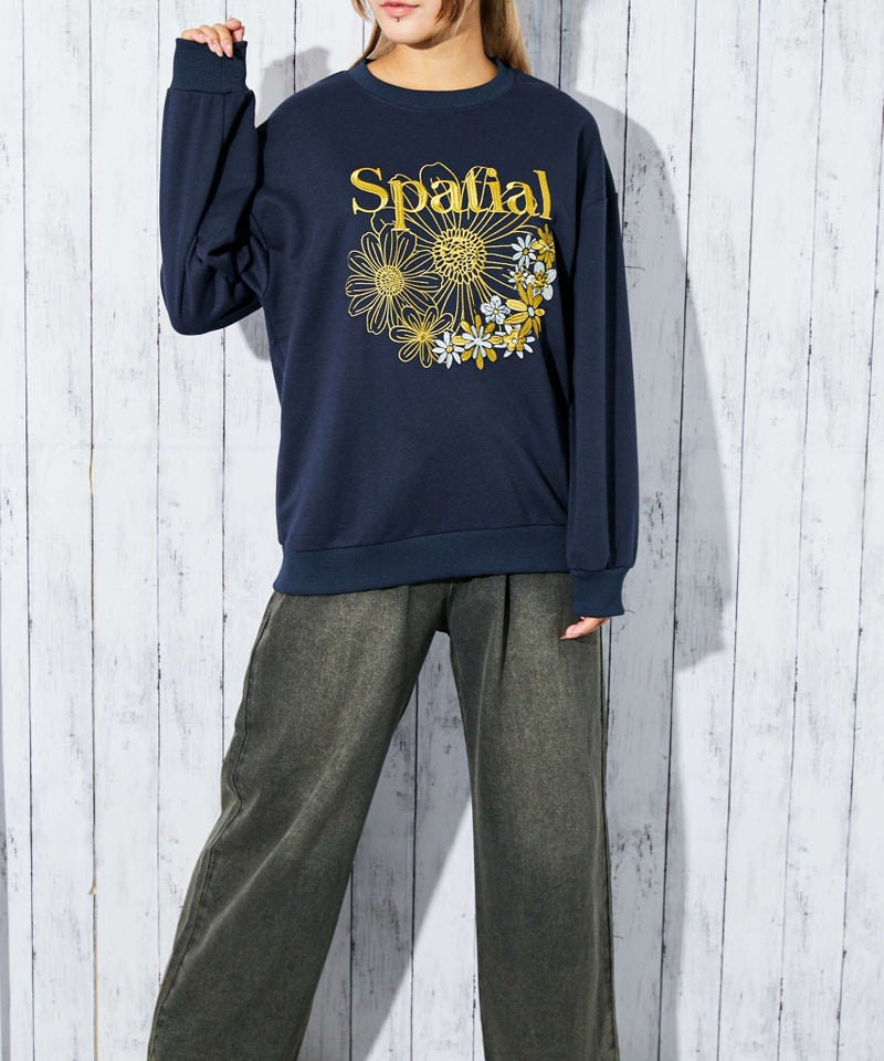 花刺繍×ロゴ》レディース 裏毛スウェット プルオーバー カジュアル 春 