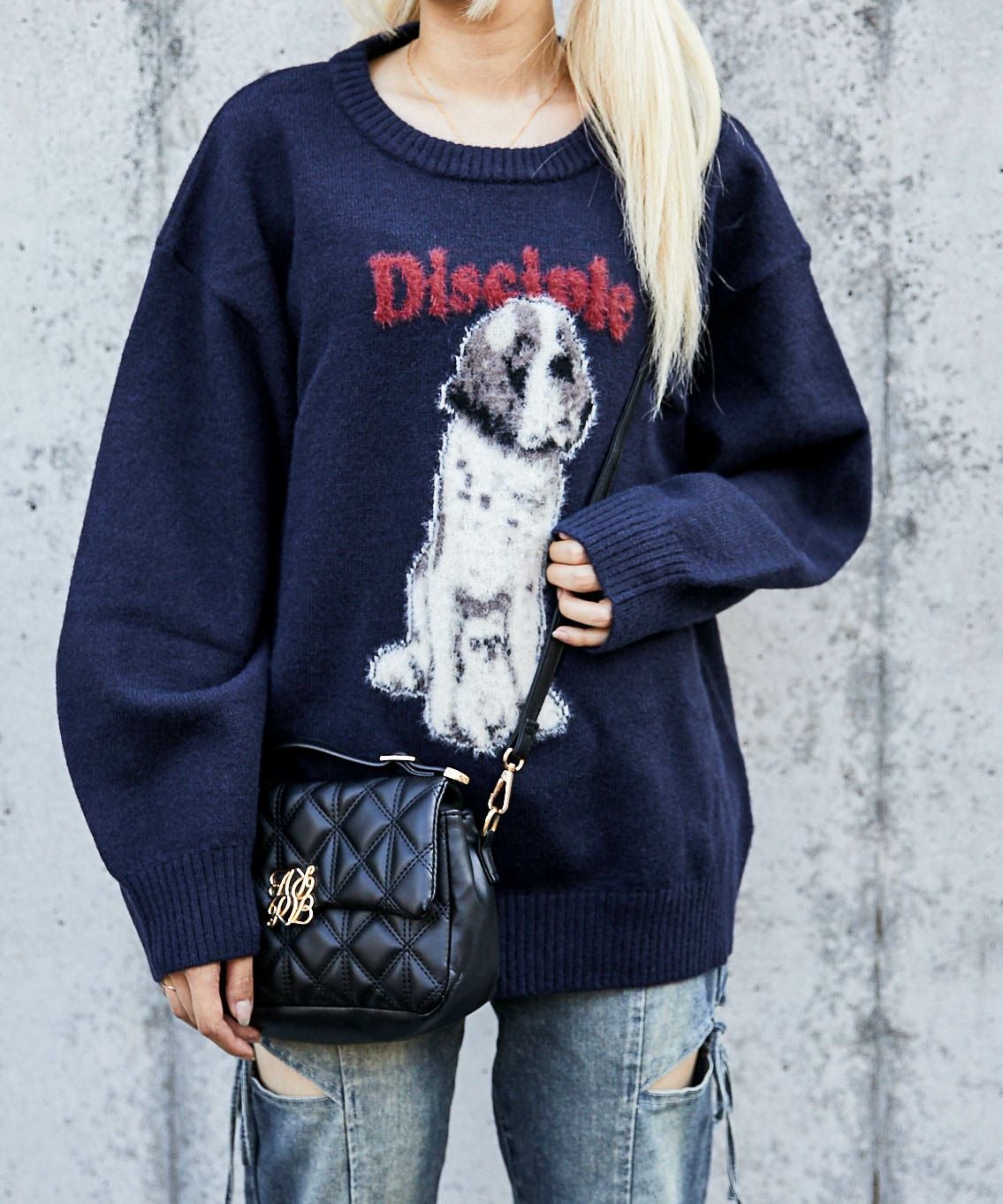 ドッグプリント×ロゴ》レディース ニットプルオーバー カジュアル ゆる