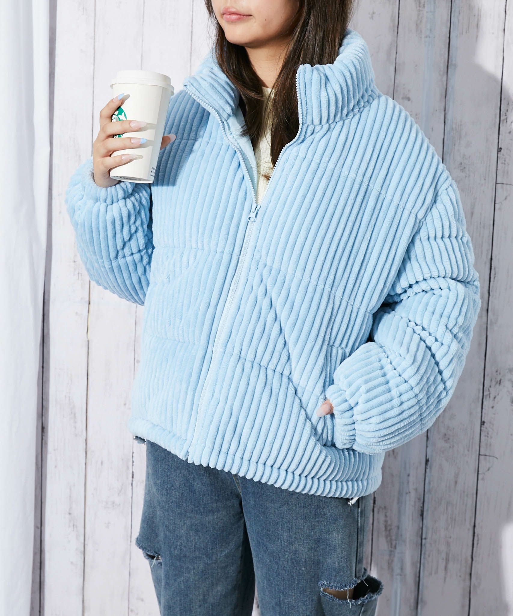 太コーデュロイ×中綿》レディース ブルゾン 裾ドローコード付き 秋冬