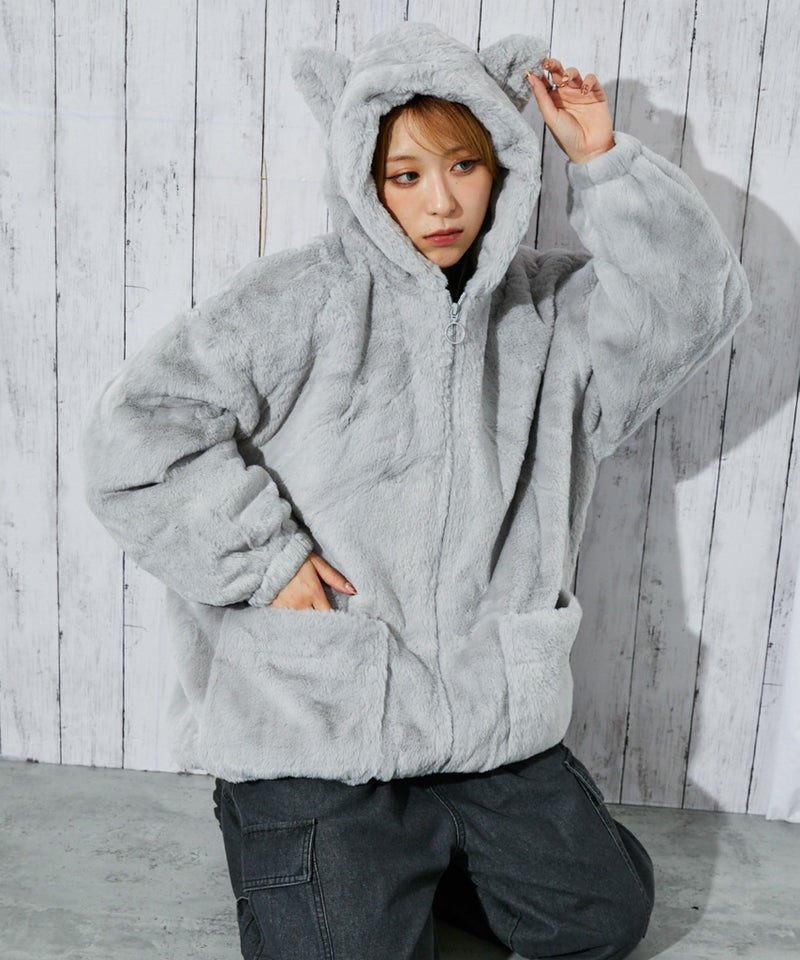新品 タグ付き SLOBE IENA FAKEファーフードブルゾン 《アニマル耳付き 
