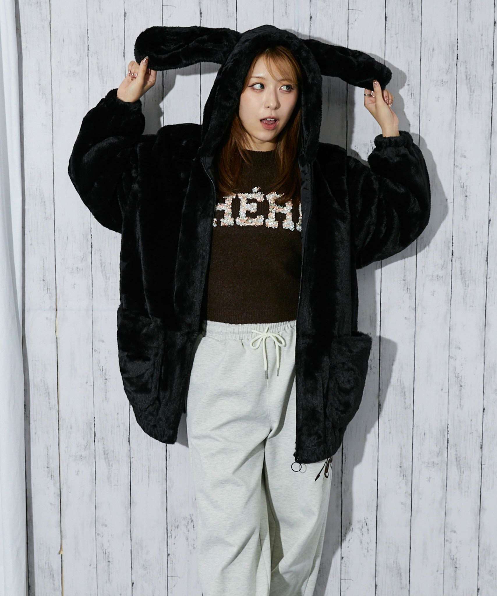 アニマル耳付きフード》レディース フェイクファー ブルゾン ふわもこ