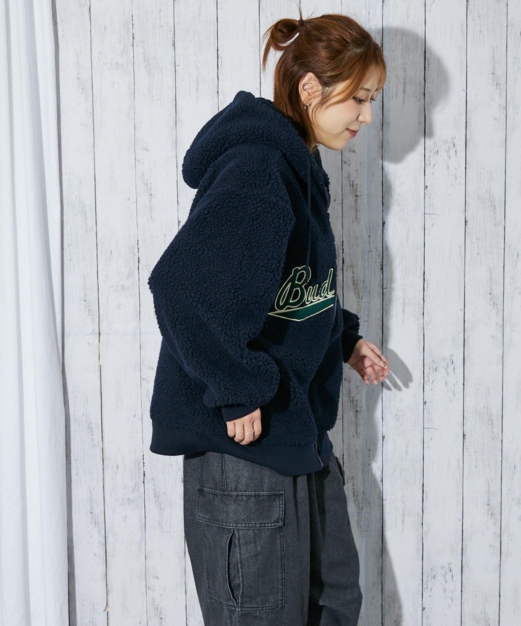 カレッジロゴ×ボア》レディース ジップパーカー ビッグシルエット 秋冬