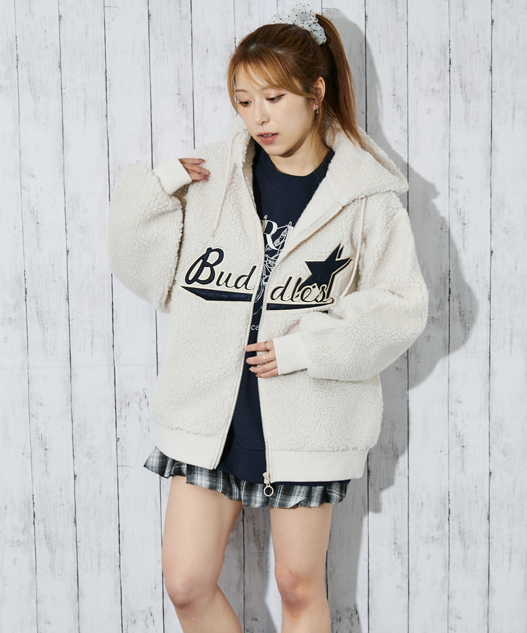 カレッジロゴ×ボア》レディース ジップパーカー ビッグシルエット 秋冬