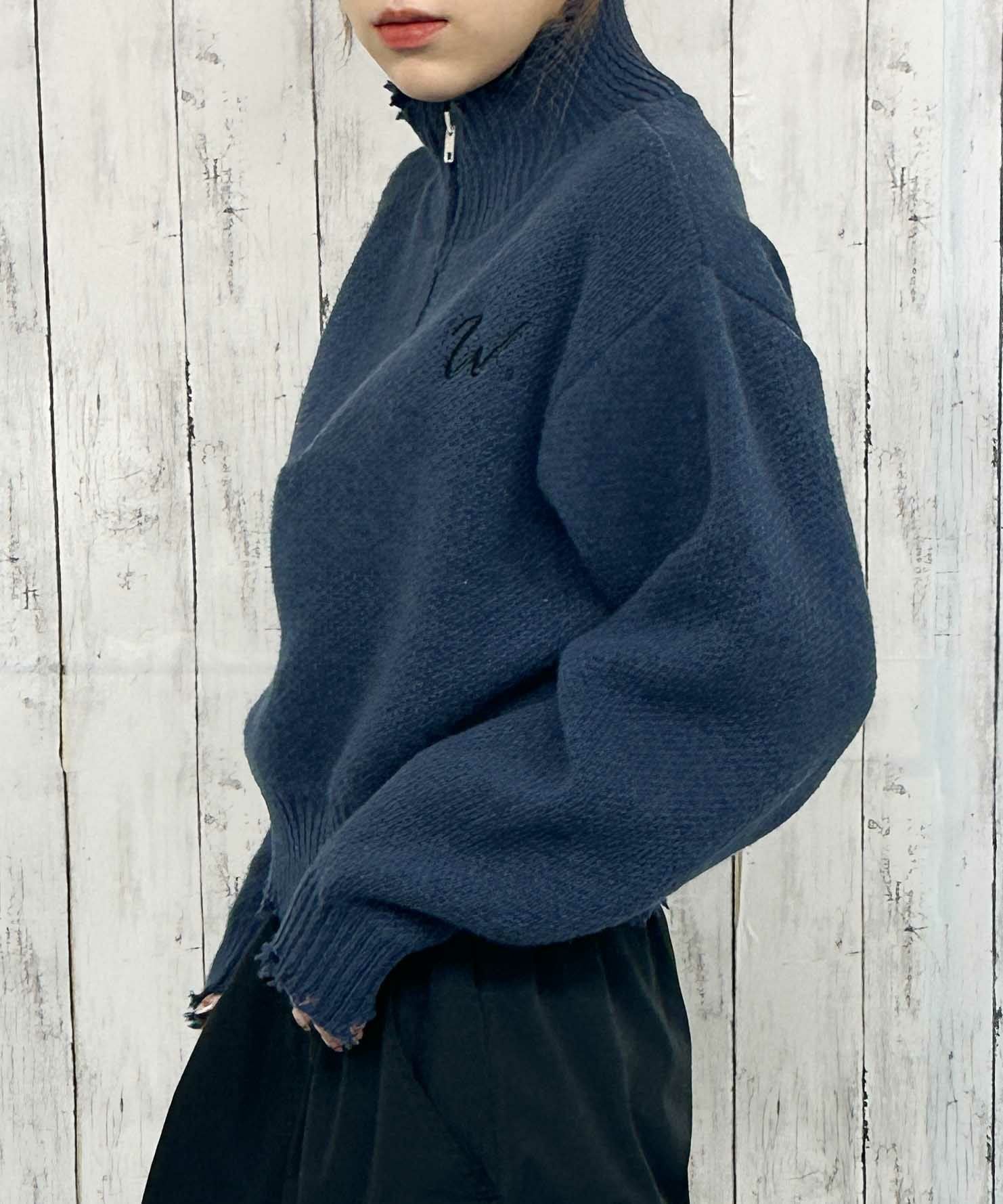 STUDIOUS (2) 総柄 セーター ネイビー ハーフジップ ニット 新色追加 オーバーサイズ畦編みハーフジップニットセーター 14553