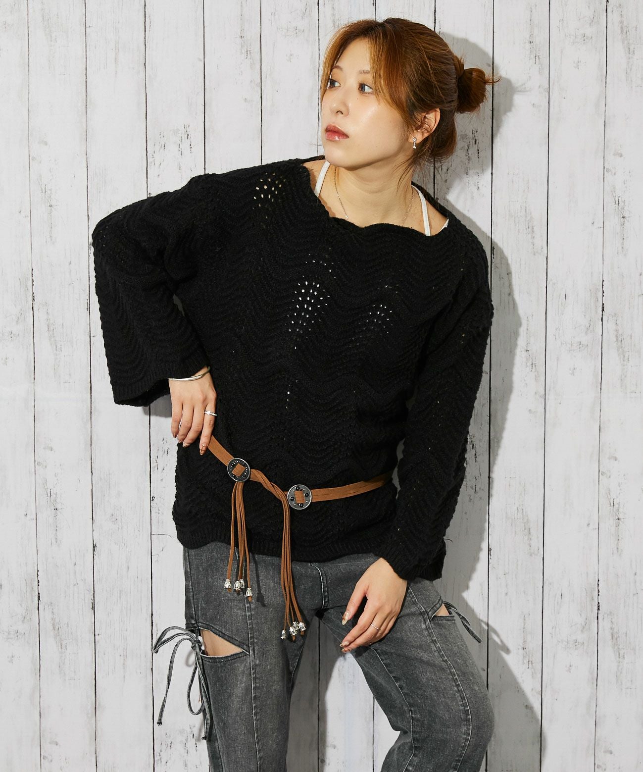 黒ニットです♪ 透かし編み×細ベルト付き》レディース ニット トップス ゆるシルエット