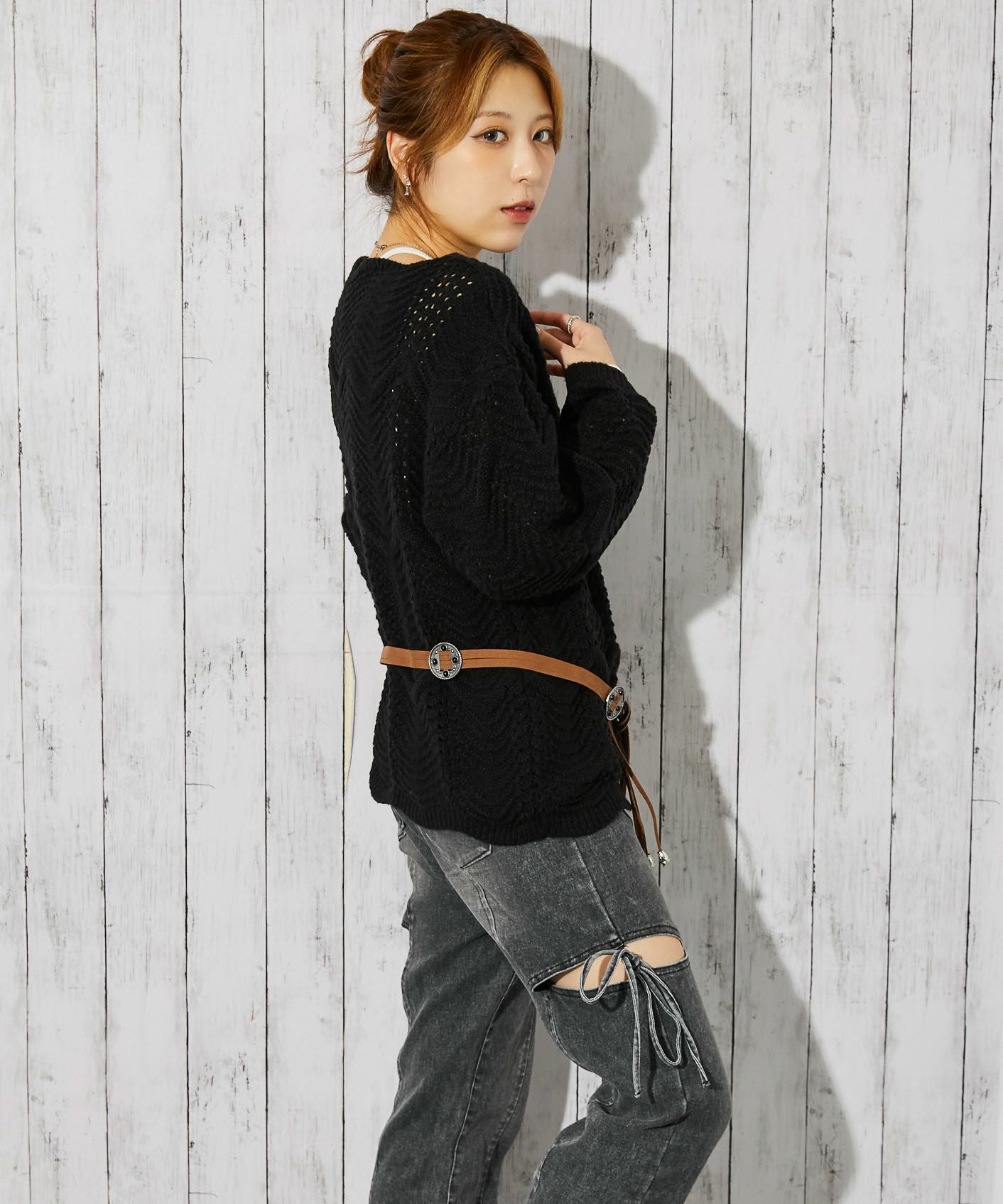 透かし編み×細ベルト付き》レディース ニット トップス ゆるシルエット