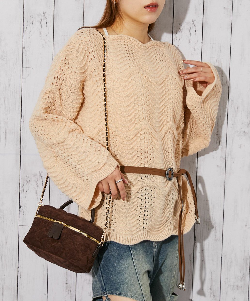 透かし編み×細ベルト付き》レディース ニット トップス ゆるシルエット