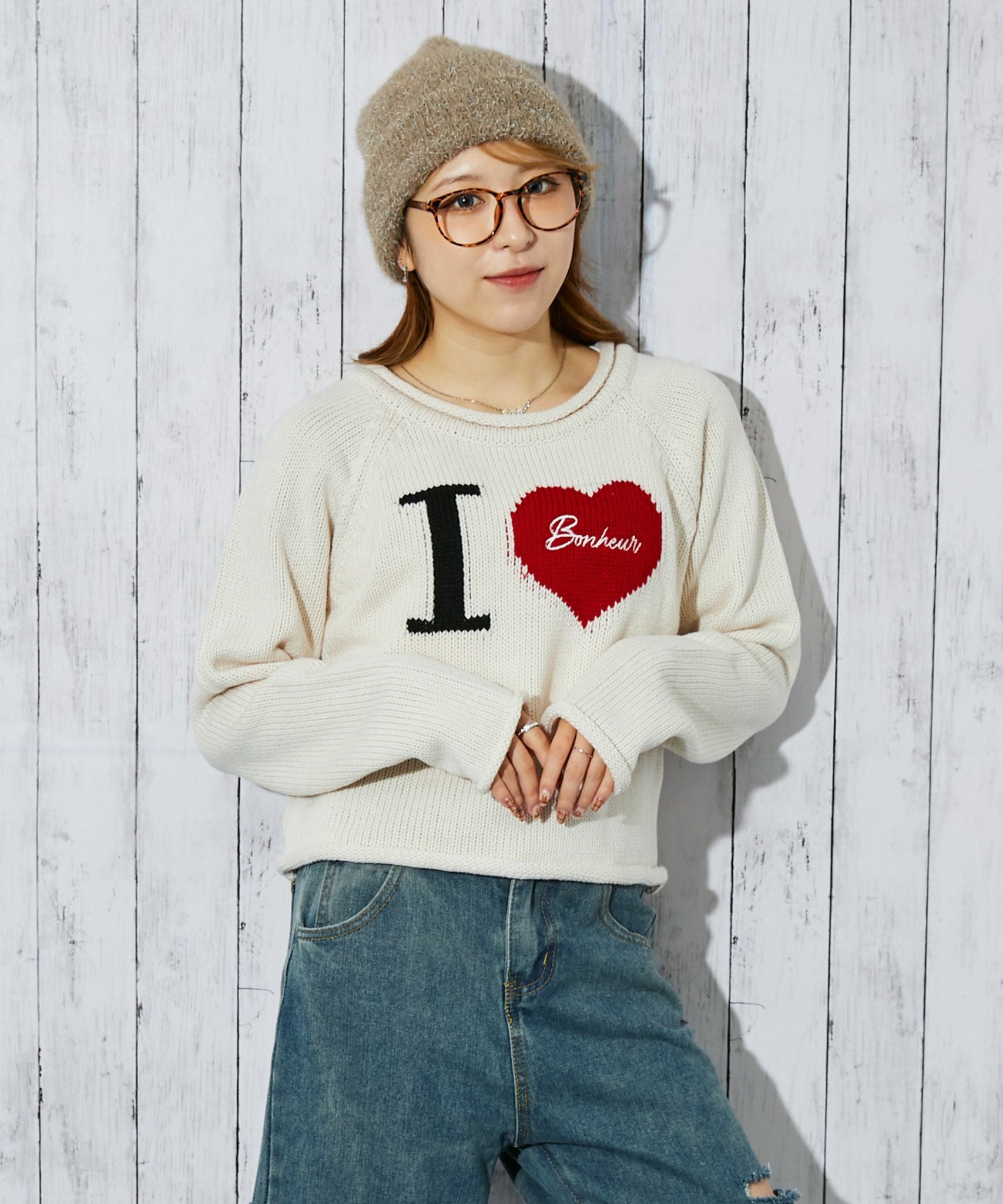 ハートロゴ×ラウンドヘム》レディース ニットトップス ガーリー