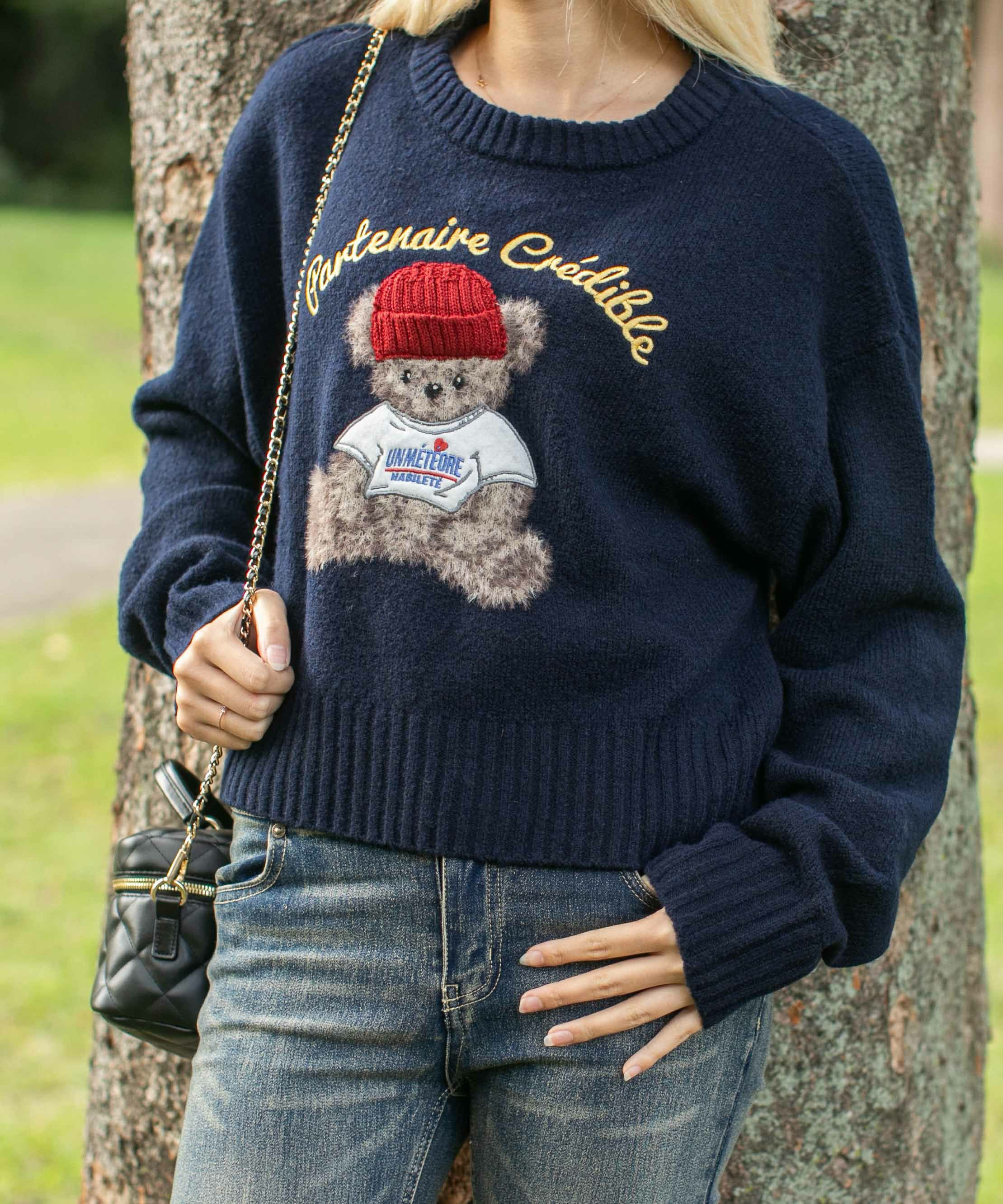 ショート丈×くま刺繍》レディース ニット トップス ニット帽付き