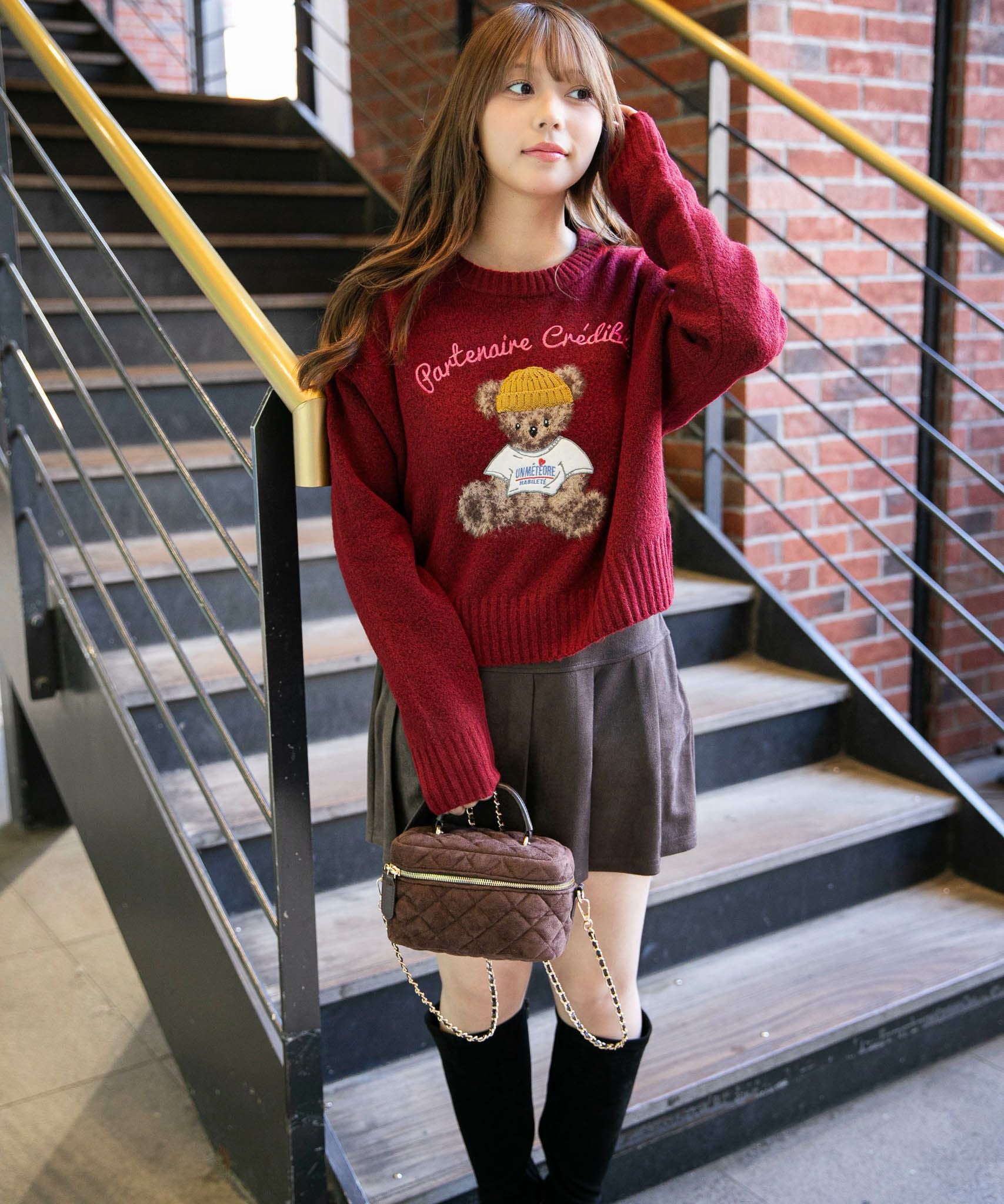 ショート丈×くま刺繍》レディース ニット トップス ニット帽付き