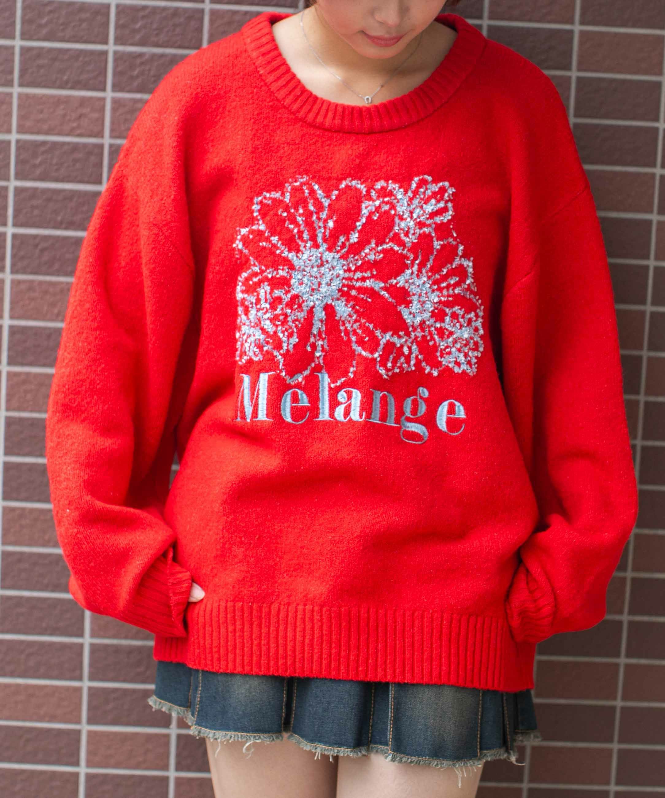テープヤーン×ロゴ刺繍》レディース ニット プルオーバー 花柄モチーフ
