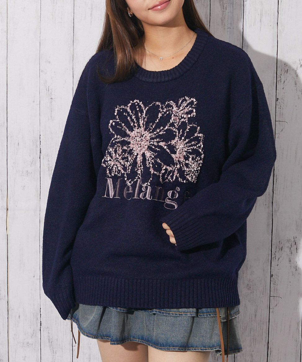 テープヤーン×ロゴ刺繍》レディース ニット プルオーバー 花柄モチーフ