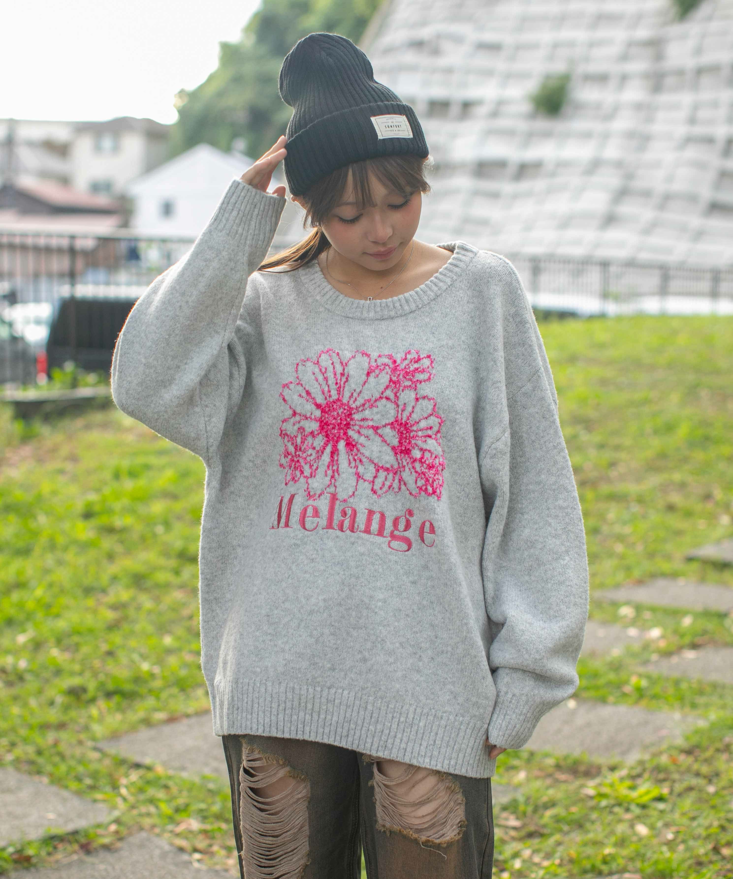 テープヤーン×ロゴ刺繍》レディース ニット プルオーバー 花柄モチーフ