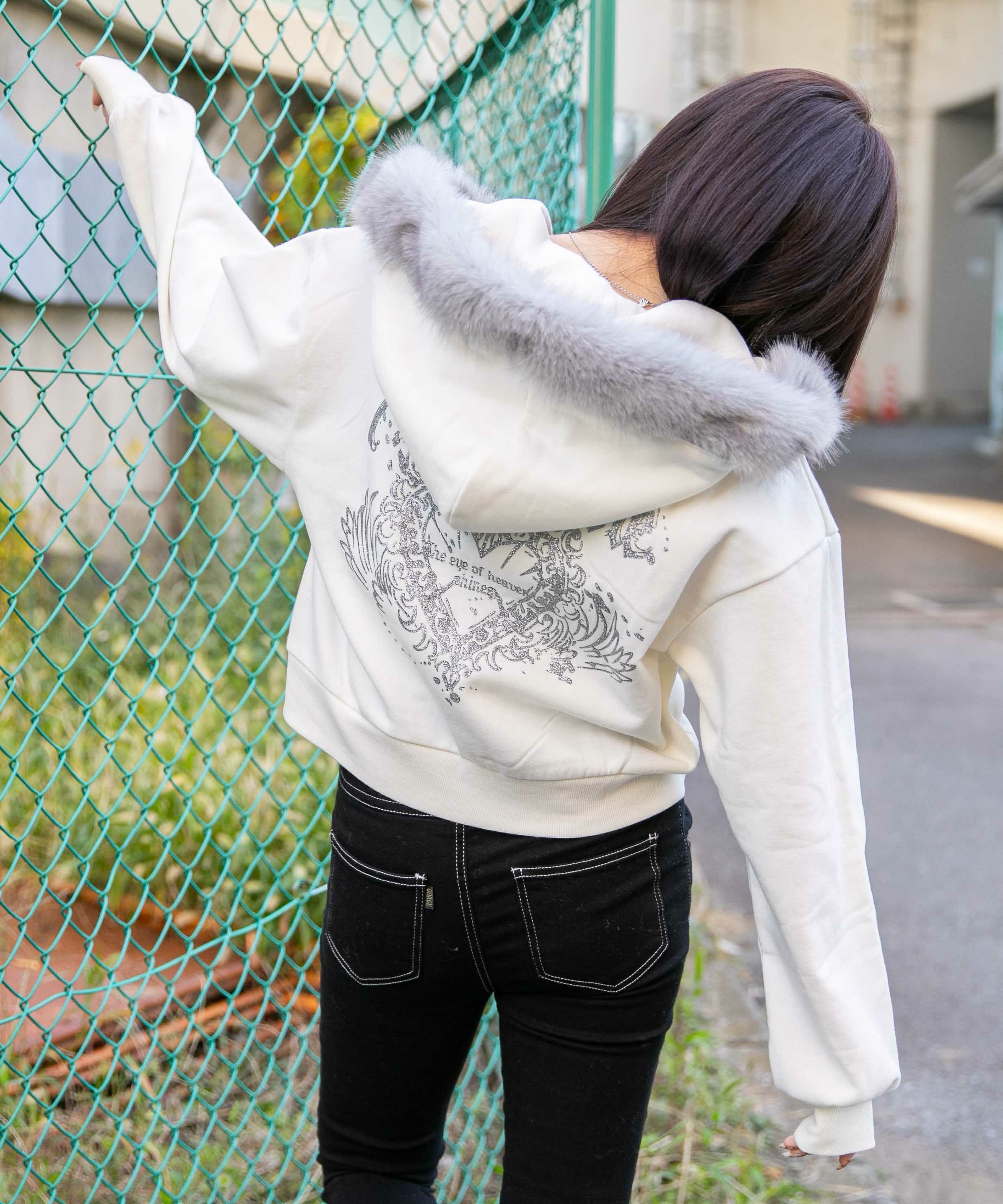 クロスチャーム×グリッターロゴ》レディース 裏起毛 ジップパーカー