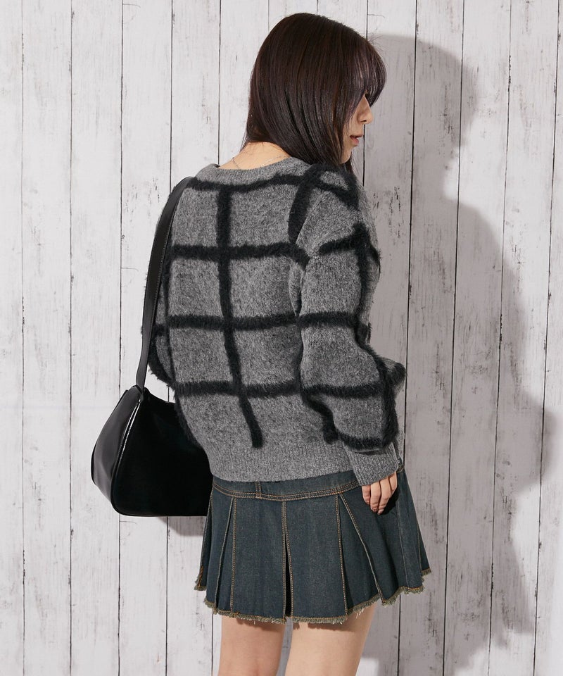 ふわシャギーライン》レディース チェック柄 ニット セーター ゆる 