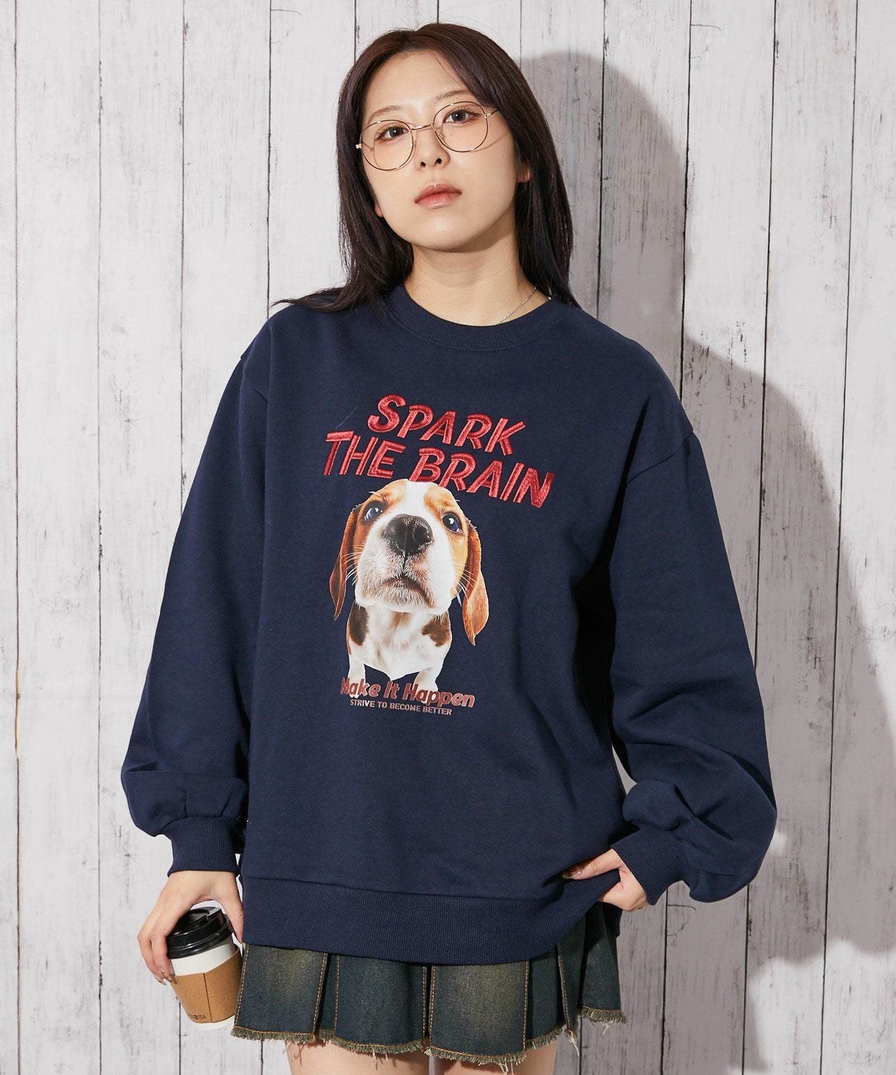 犬プリント×立体ロゴ刺繍》レディース 裏起毛 スウェット トレーナー