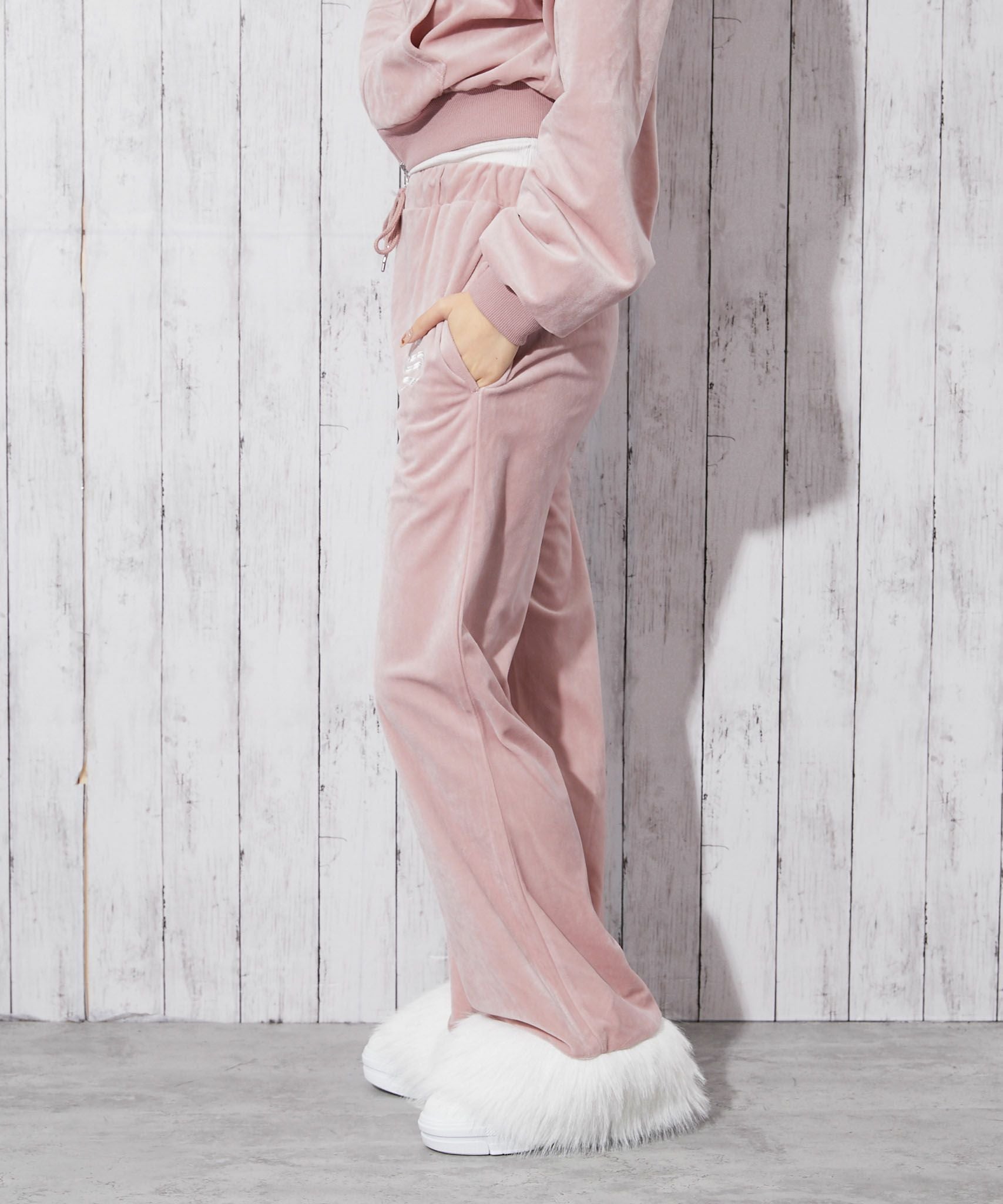 裾ファー×ベロア素材》レディース フレアパンツ セットアップ対応 秋冬